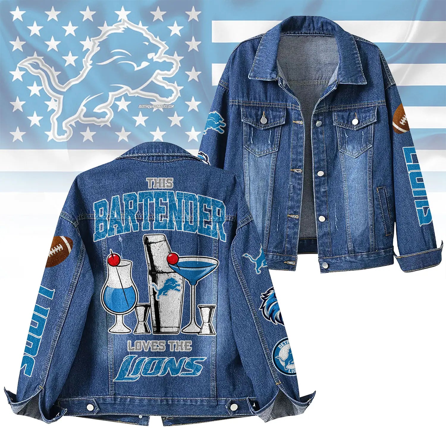 Detroit Lions | Premium NFL Bartender Fan Denim Jacket NY – HuddleStyle.com - Main