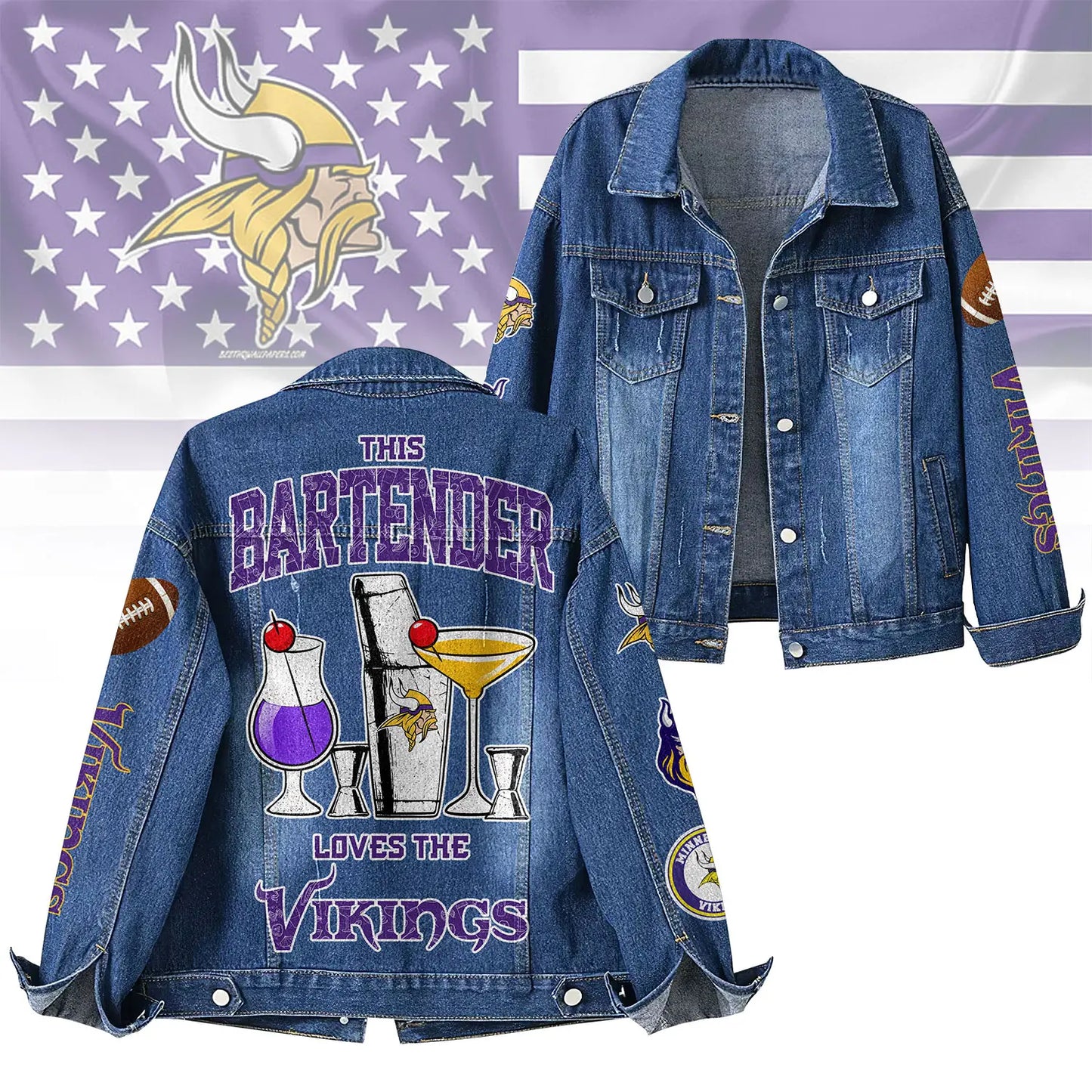 Minnesota Vikings | Premium NFL Bartender Fan Denim Jacket NY – HuddleStyle.com - Main