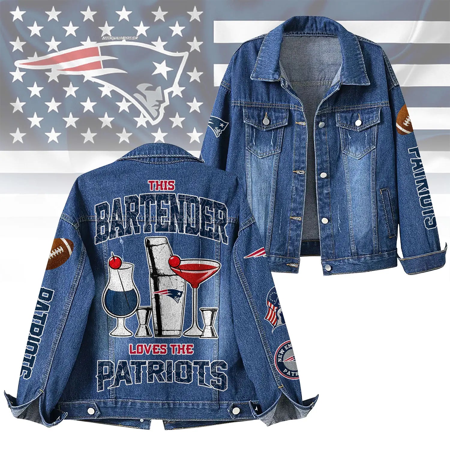 New England Patriots | Premium NFL Bartender Fan Denim Jacket NY – HuddleStyle.com - Main