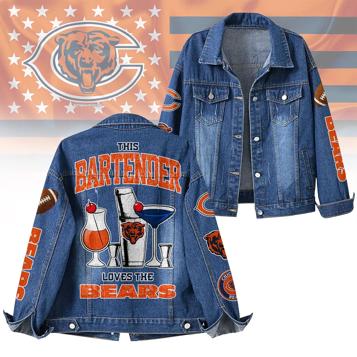 Chicago Bears | Premium NFL Bartender Fan Denim Jacket NY – HuddleStyle.com - Main