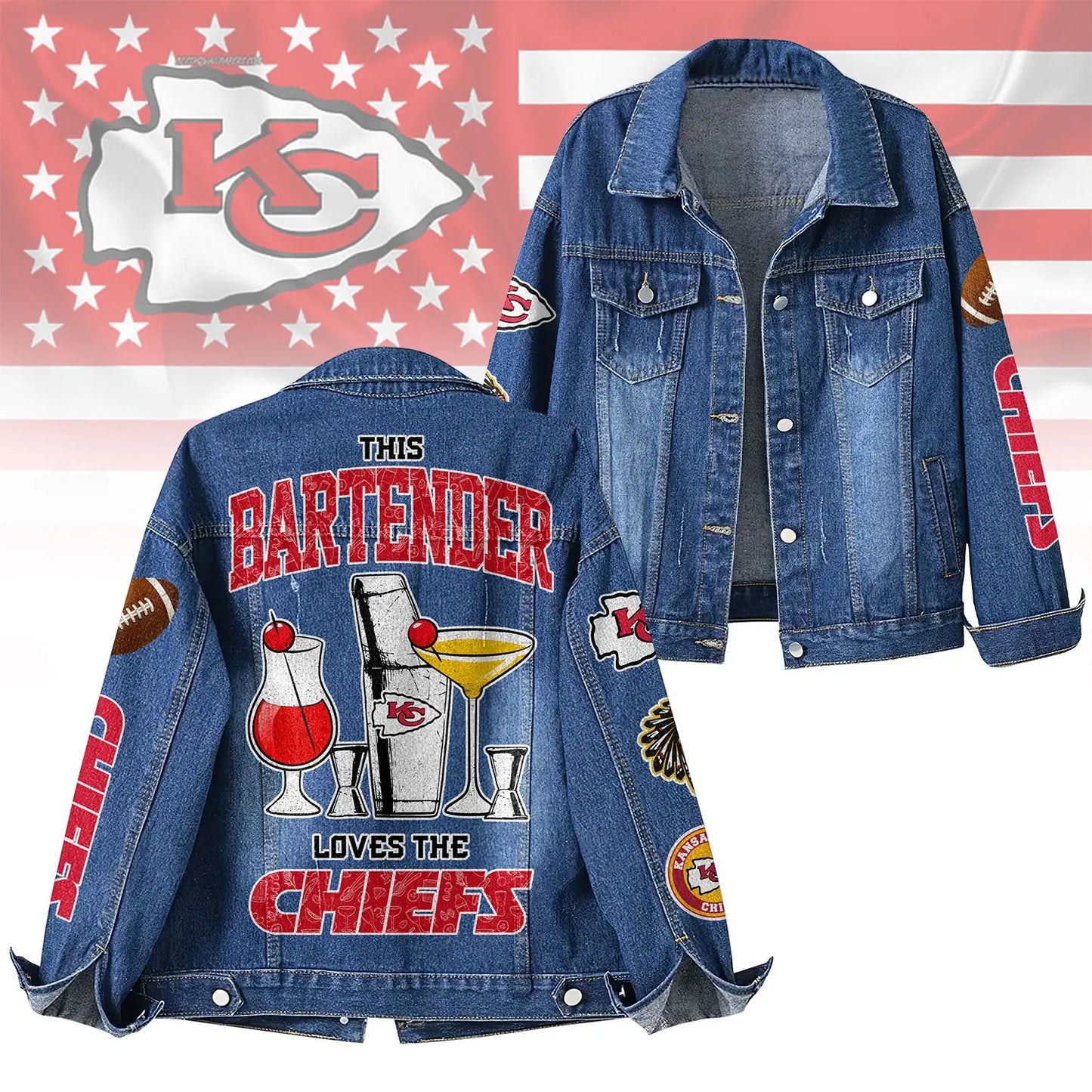 Kansas City Chiefs | Premium NFL Bartender Fan Denim Jacket NY – HuddleStyle.com - Main