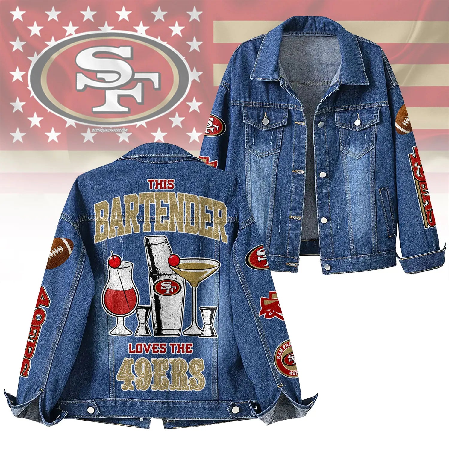 San Francisco 49ers | Premium NFL Bartender Fan Denim Jacket NY – HuddleStyle.com - Main