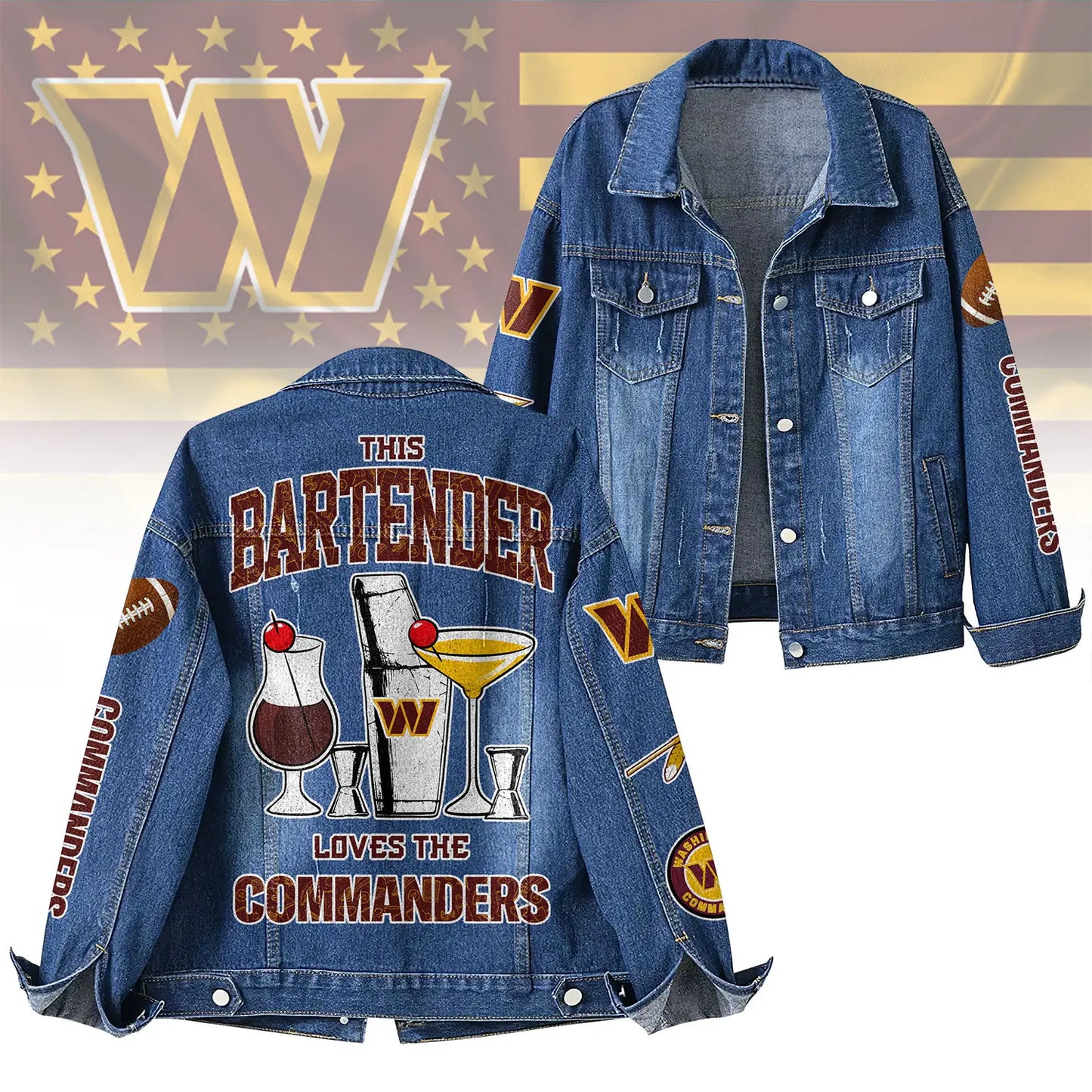 Washington Commanders | Premium NFL Bartender Fan Denim Jacket NY – HuddleStyle.com - Main