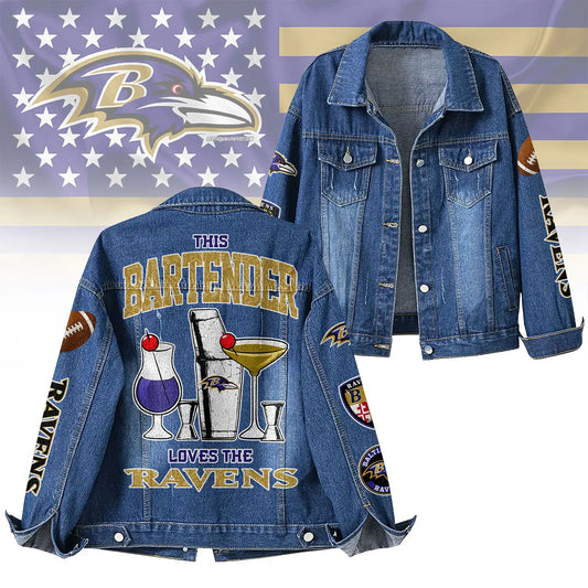 Baltimore Ravens | Premium NFL Bartender Fan Denim Jacket NY – HuddleStyle.com - Main