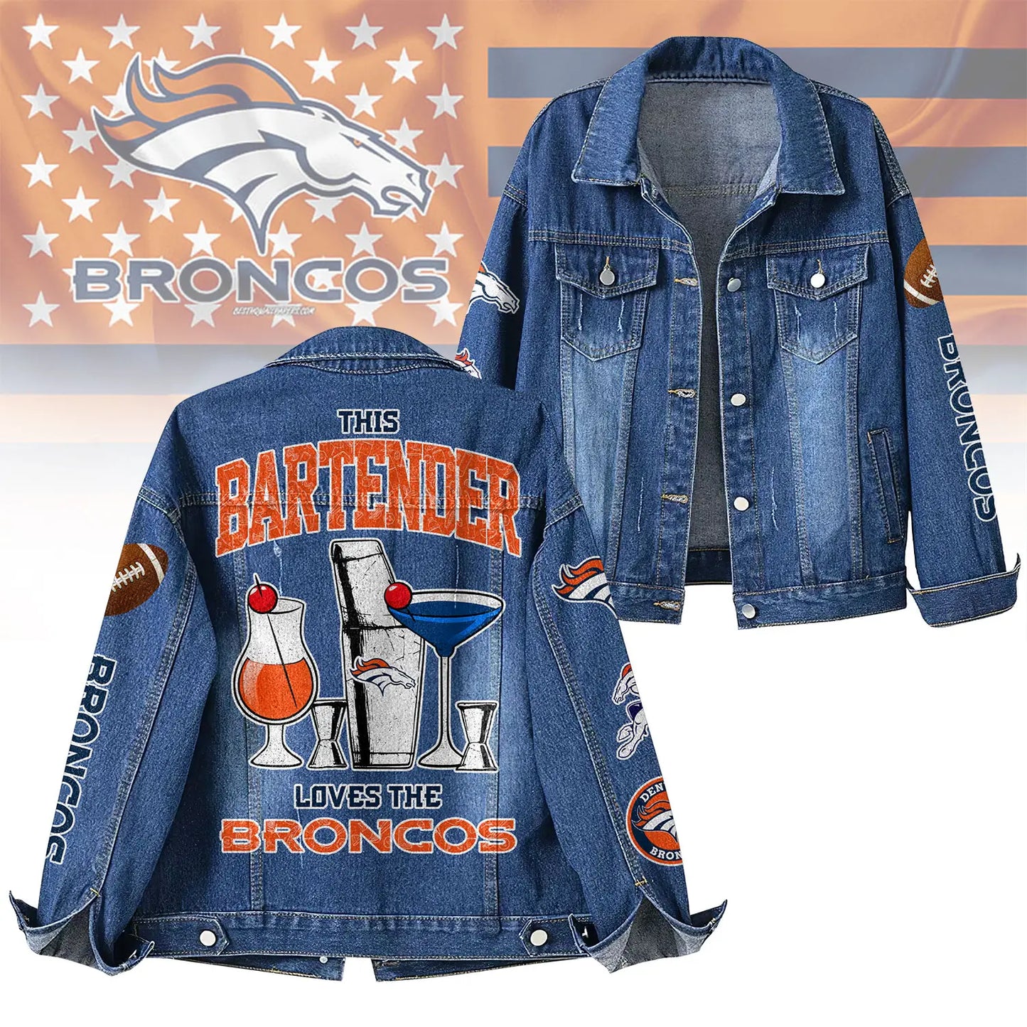 Denver Broncos | Premium NFL Bartender Fan Denim Jacket NY – HuddleStyle.com - Main