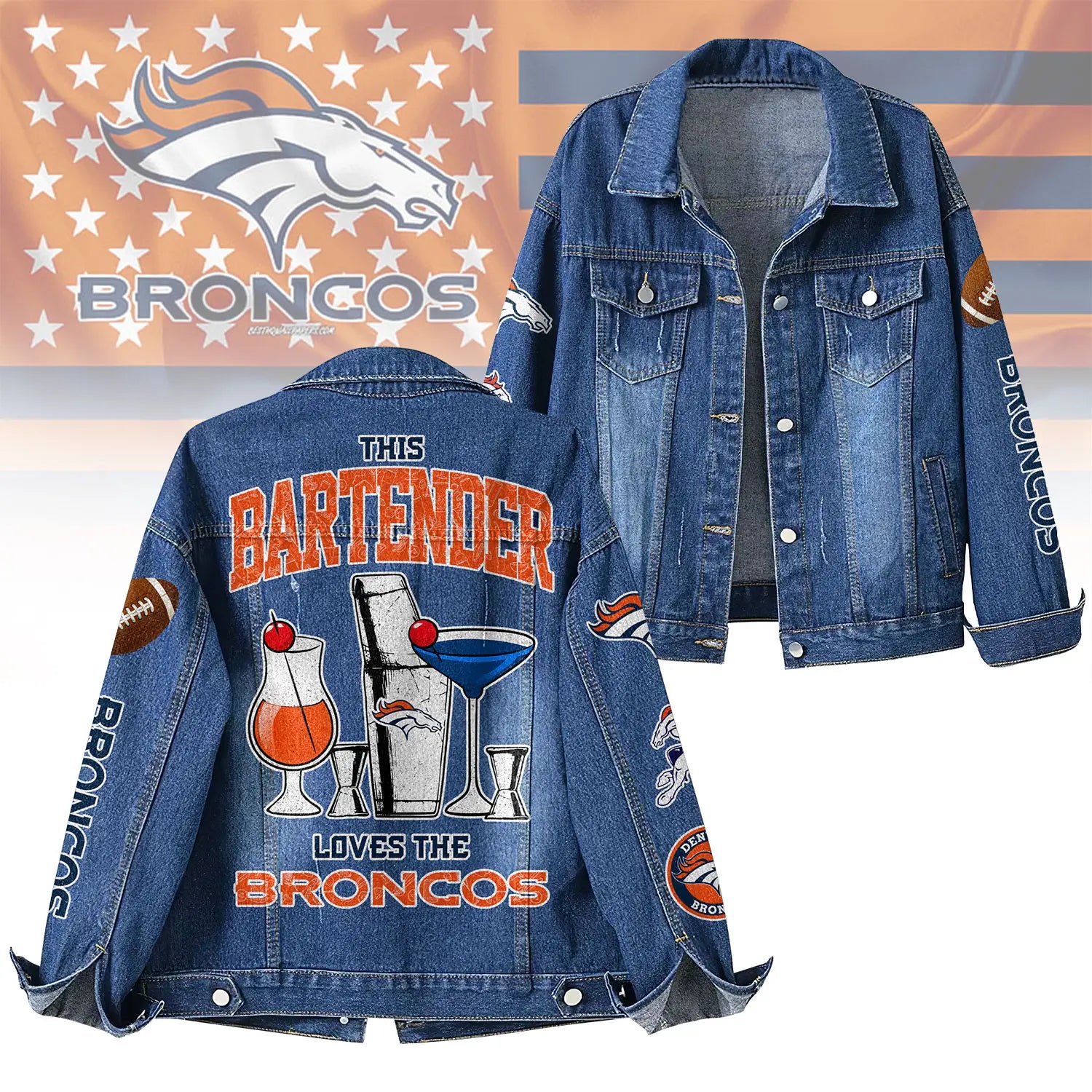 Denver Broncos | Premium NFL Bartender Fan Denim Jacket NY – HuddleStyle.com - Main