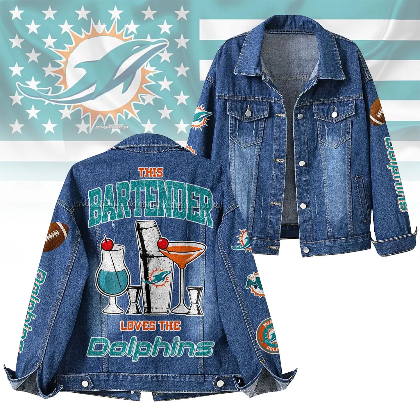Miami Dolphins | Premium NFL Bartender Fan Denim Jacket NY – HuddleStyle.com - Main