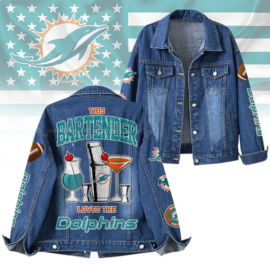 Miami Dolphins | Premium NFL Bartender Fan Denim Jacket NY – HuddleStyle.com - Main