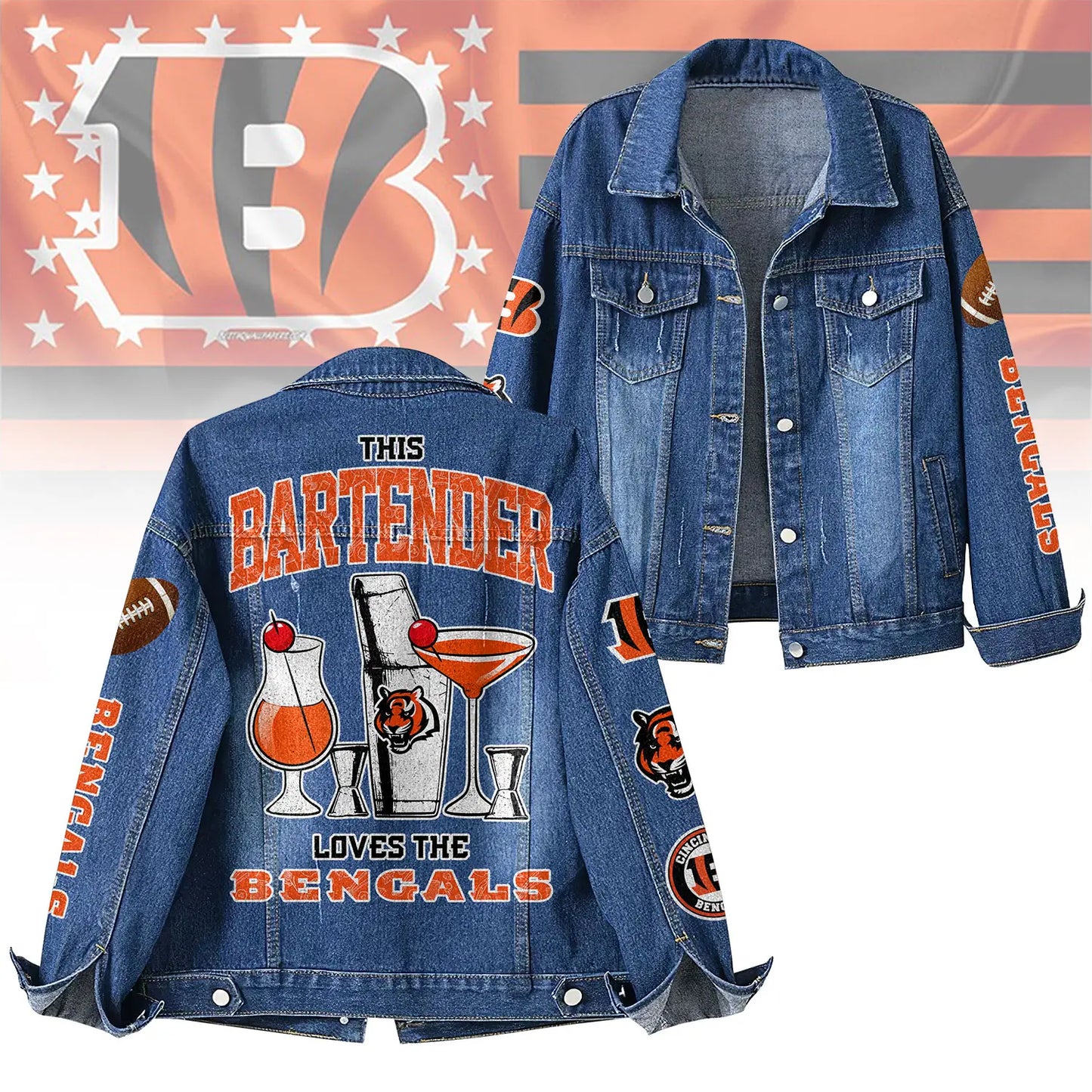 Cincinnati Bengals | Premium NFL Bartender Fan Denim Jacket NY – HuddleStyle.com - Main