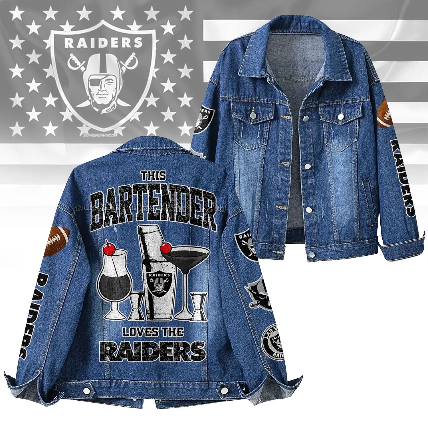 Las Vegas Raiders | Premium NFL Bartender Fan Denim Jacket NY – HuddleStyle.com - Main