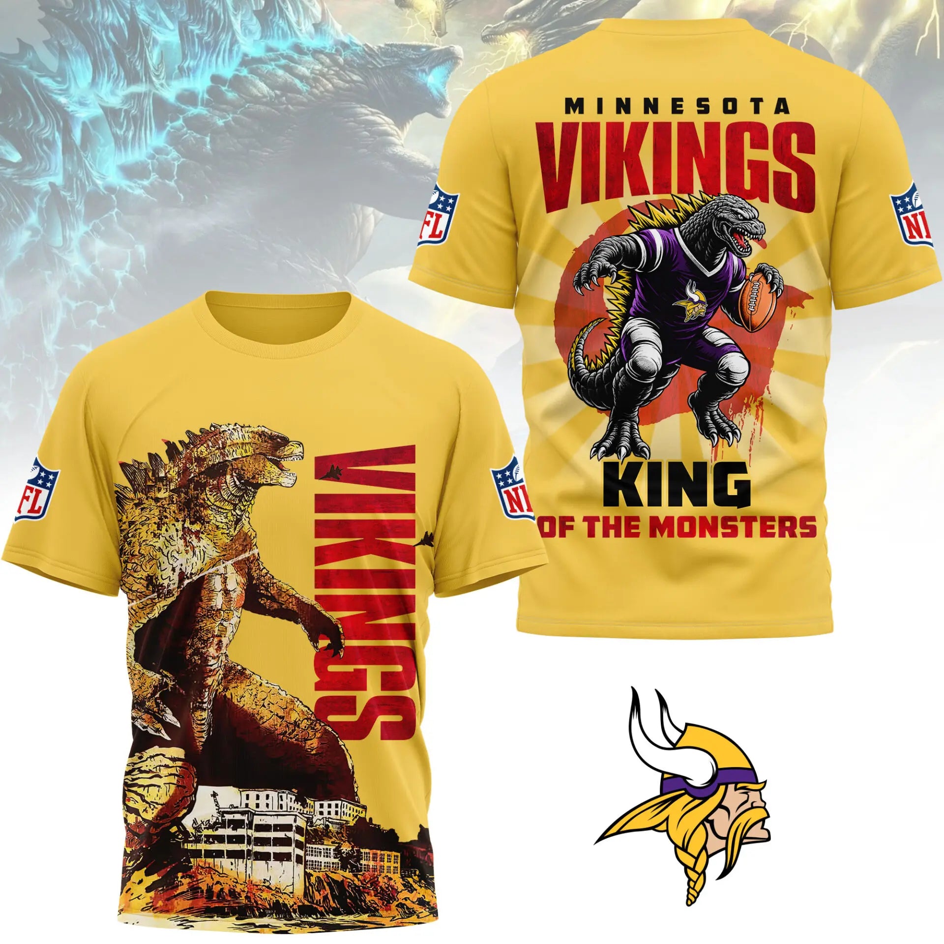 Minnesota Vikings | Premium NFL Godzilla King of the Monsters 3D Shirt NY – HuddleStyle.com - Main