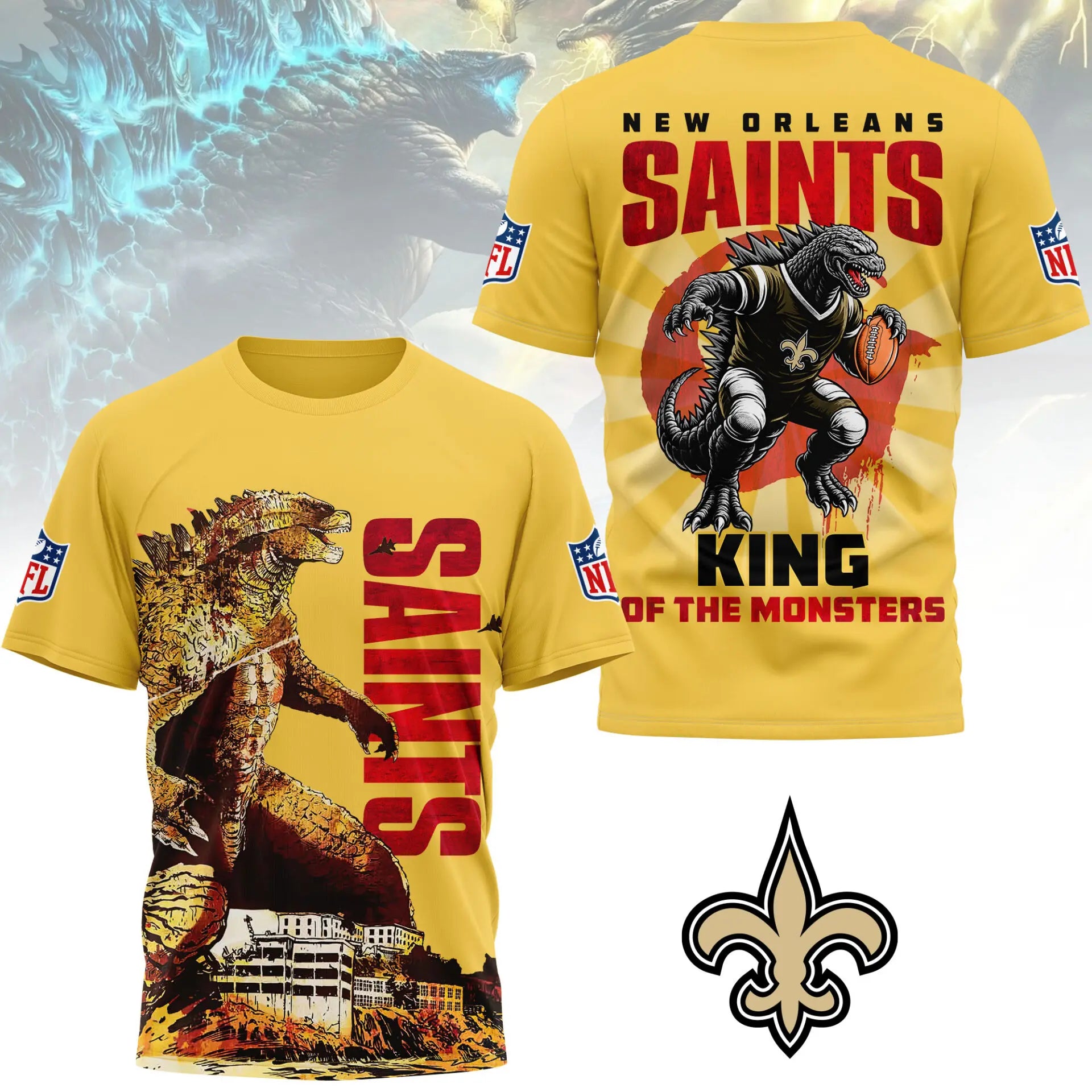 New Orleans Saints | Premium NFL Godzilla King of the Monsters 3D Shirt NY – HuddleStyle.com - Main