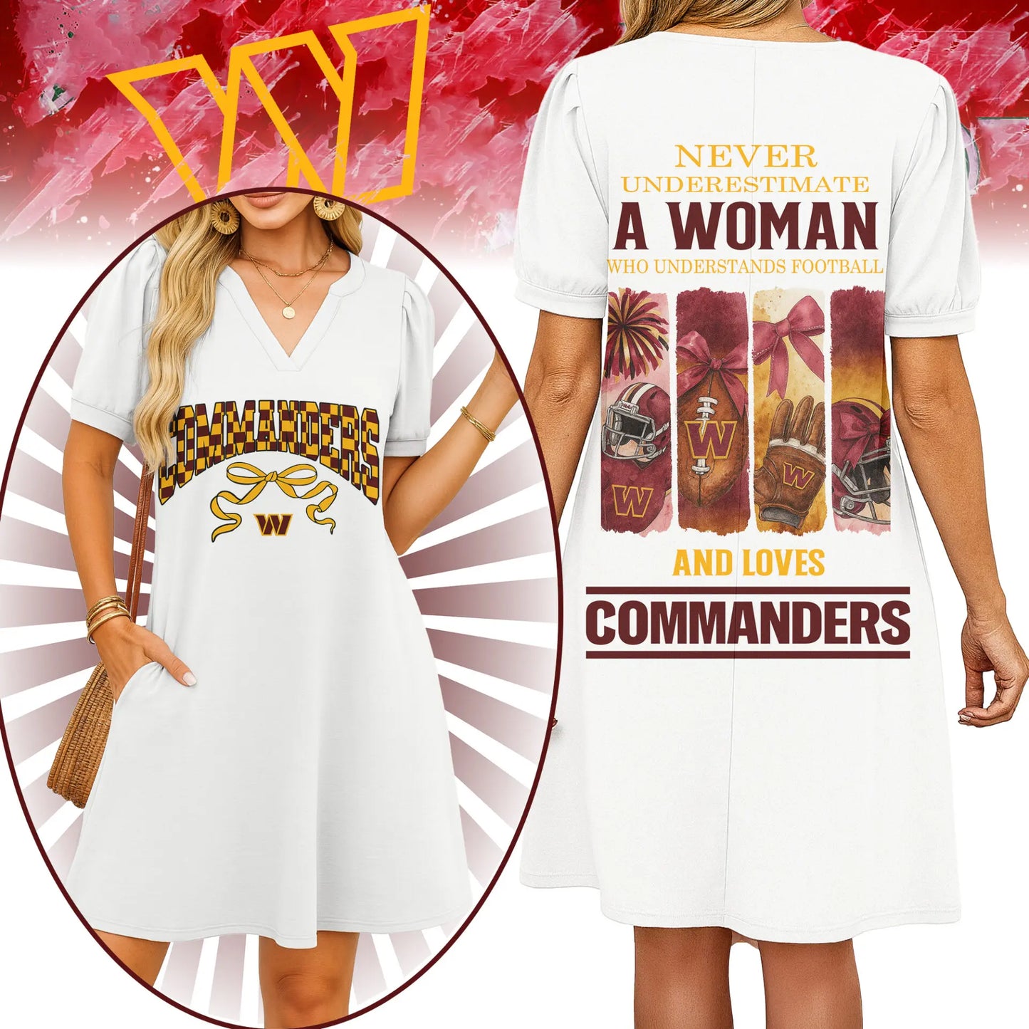 Washington Commanders | Premium NFL V-neck Dress HI – HuddleStyle.com - Image 3