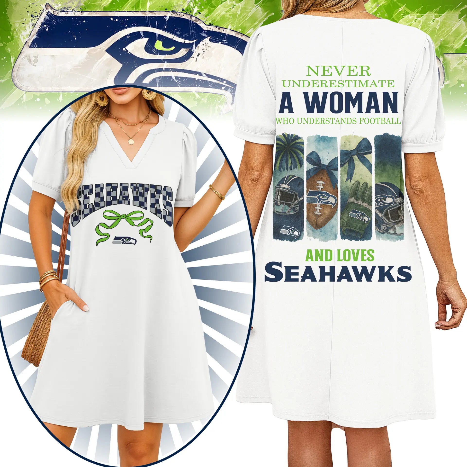 Seattle Seahawks | Premium NFL V-neck Dress HI – HuddleStyle.com - Image 3
