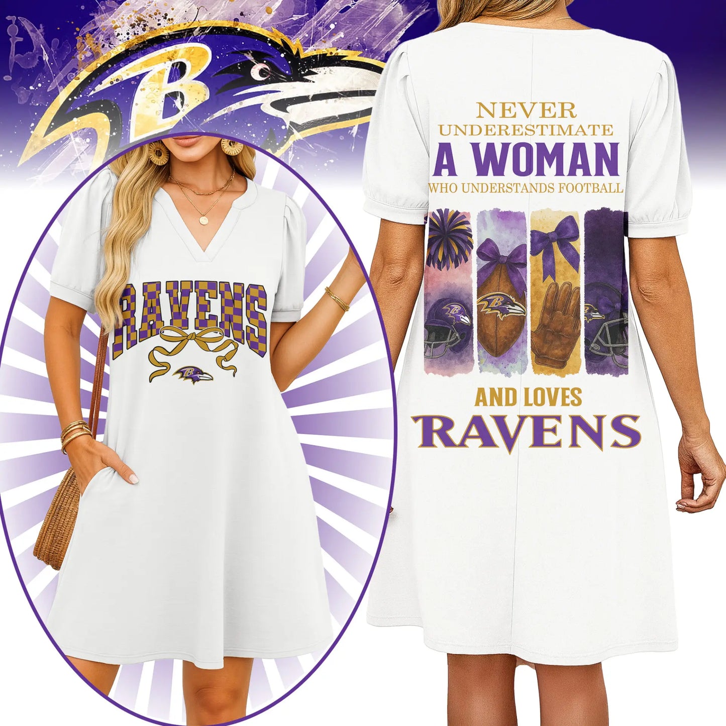 Baltimore Ravens | Premium NFL V-neck Dress HI – HuddleStyle.com - Image 2