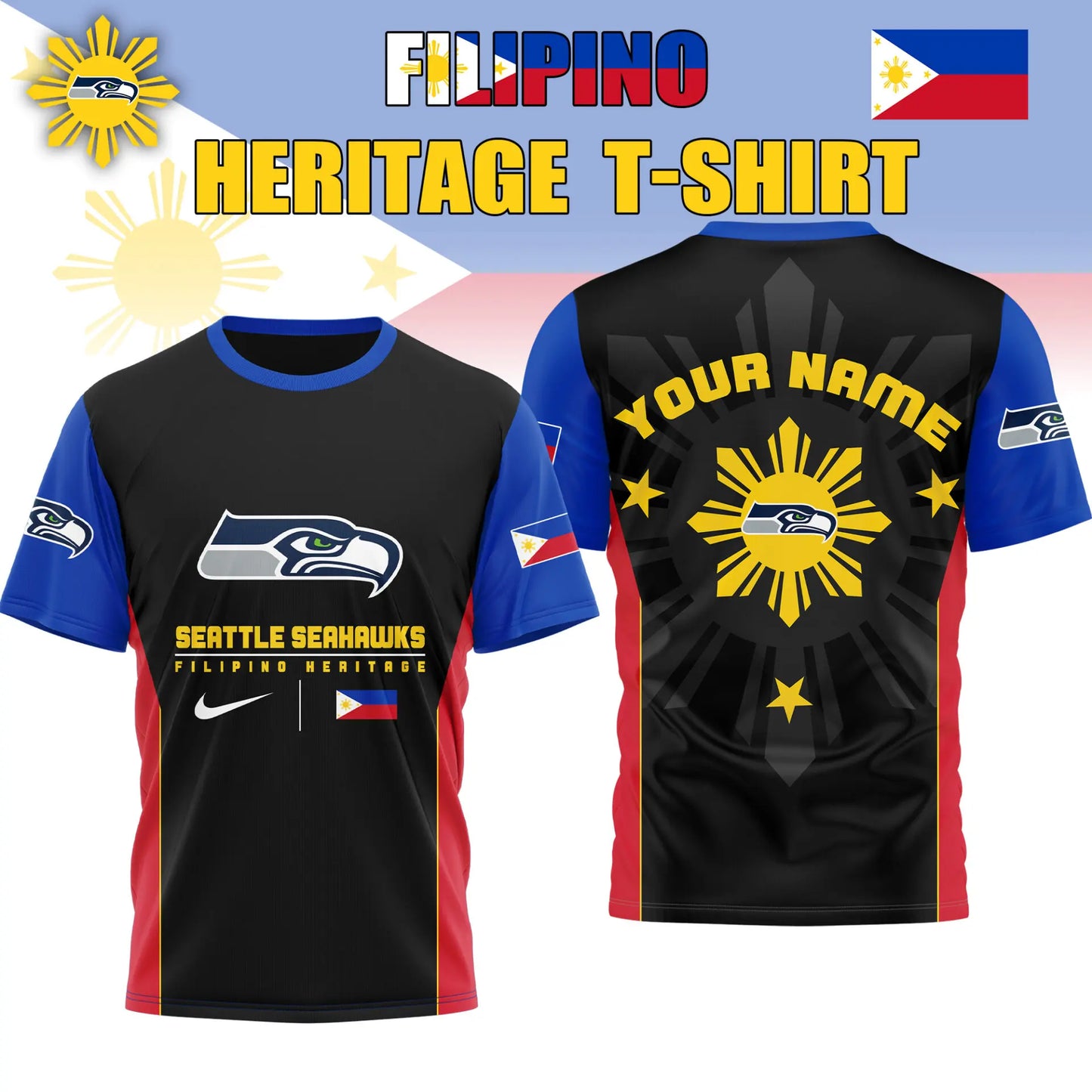 Seattle Seahawks | Premium NFL Filipino Heritage Celebration 3D Shirt HI – HuddleStyle.com - Image 3