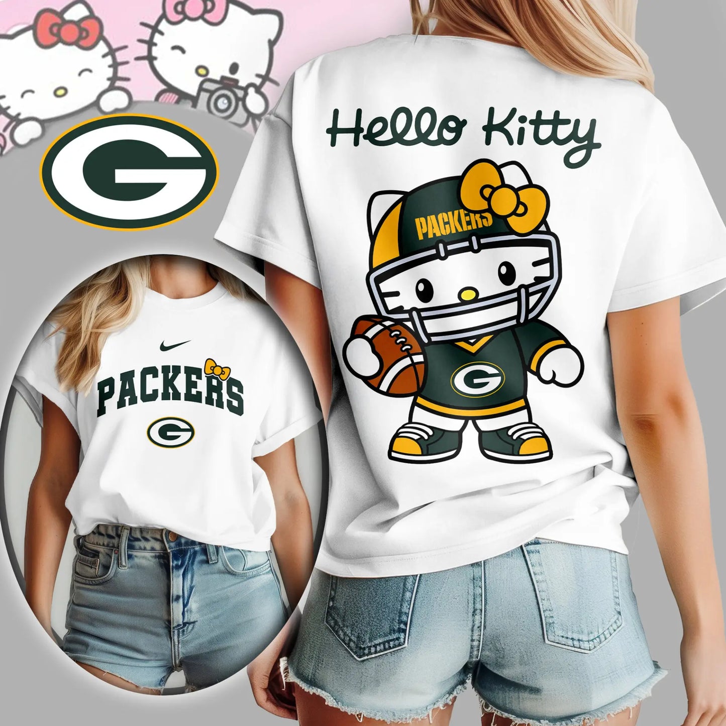 Green Bay Packers | Premium NFL Hello Kitty 3D Shirt TD – HuddleStyle.com - Image 3