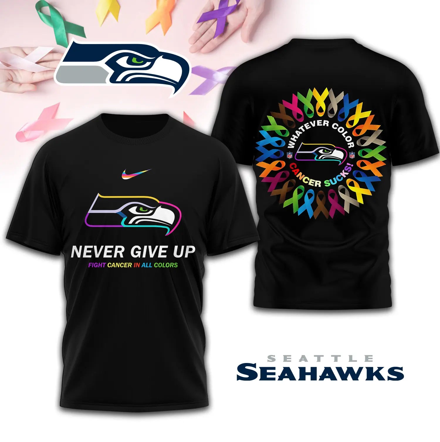 Seattle Seahawks | Premium Fight Cancer In All Colors 3D Shirt TD – HuddleStyle.com - Image 2