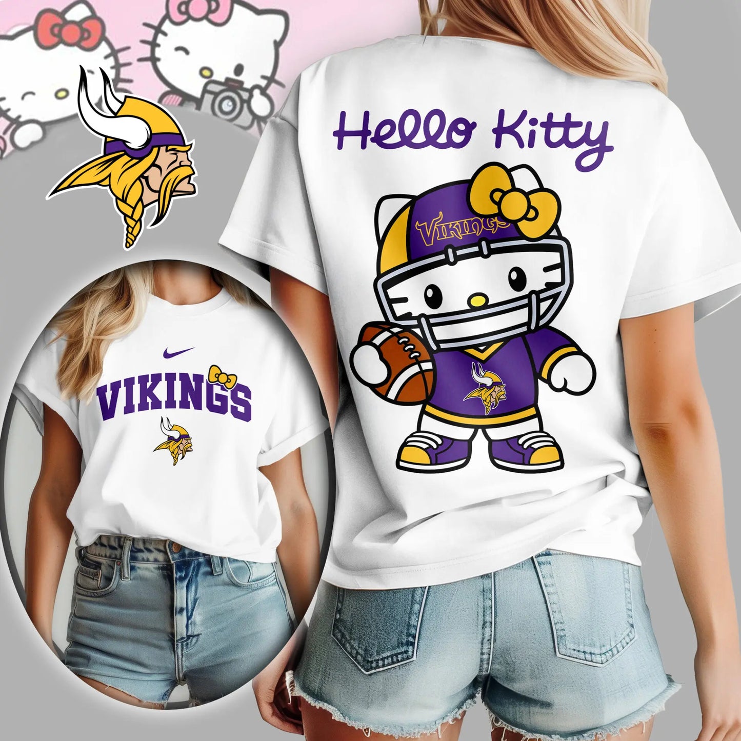 Minnesota Vikings | Premium NFL Hello Kitty 3D Shirt TD – HuddleStyle.com - Image 3