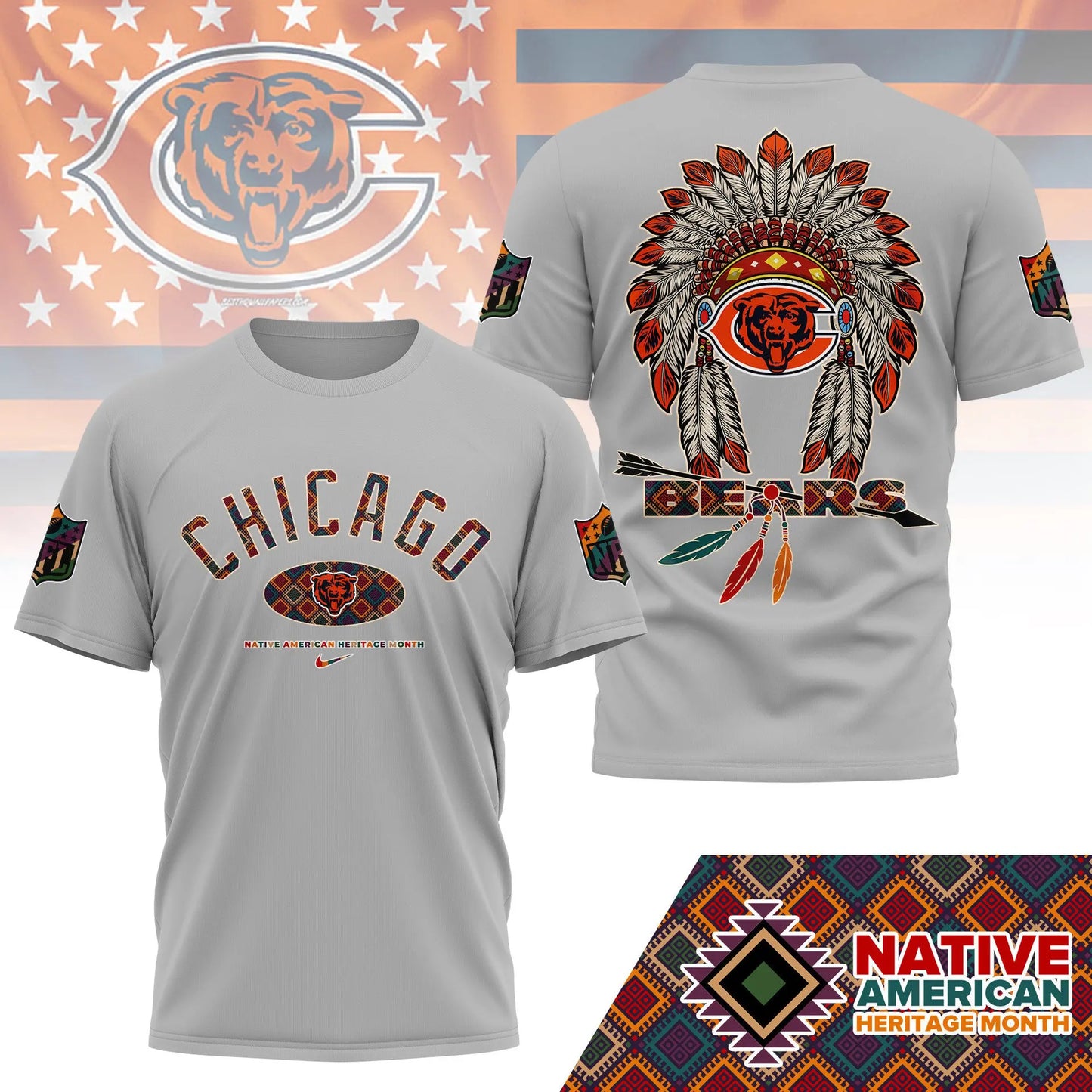 Chicago Bears |Premium Native American Heritage Month 3D Shirt NY – HuddleStyle.com - Main