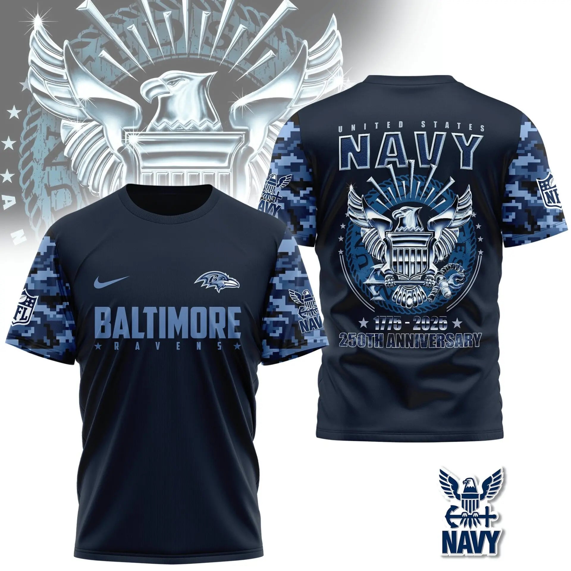 Baltimore Ravens | Premium Navy 250 Years 3D Shirt TD – HuddleStyle.com - Main