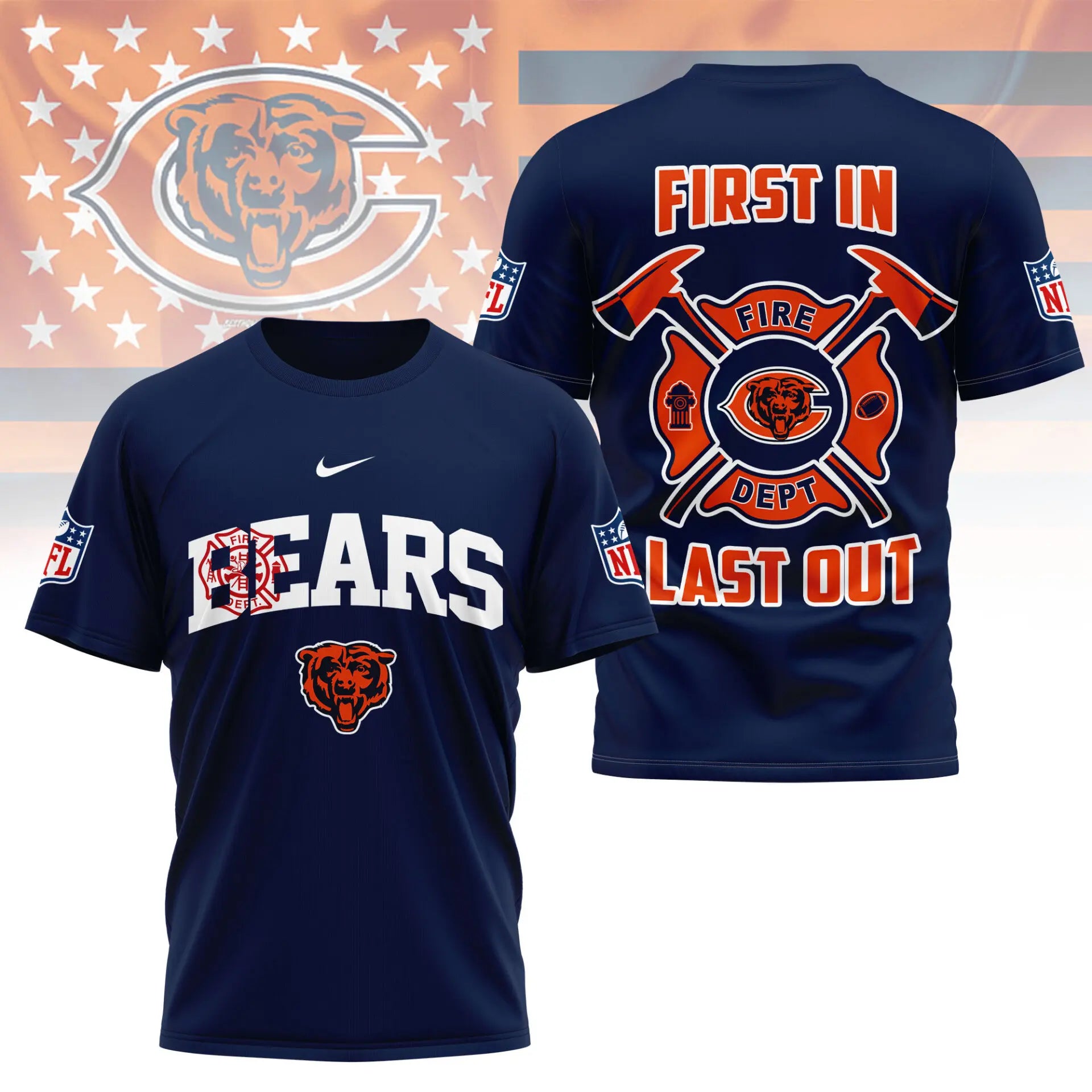 Chicago Bears | Premium NFL Fire Dept 3D Shirt TD – HuddleStyle.com - Image 3