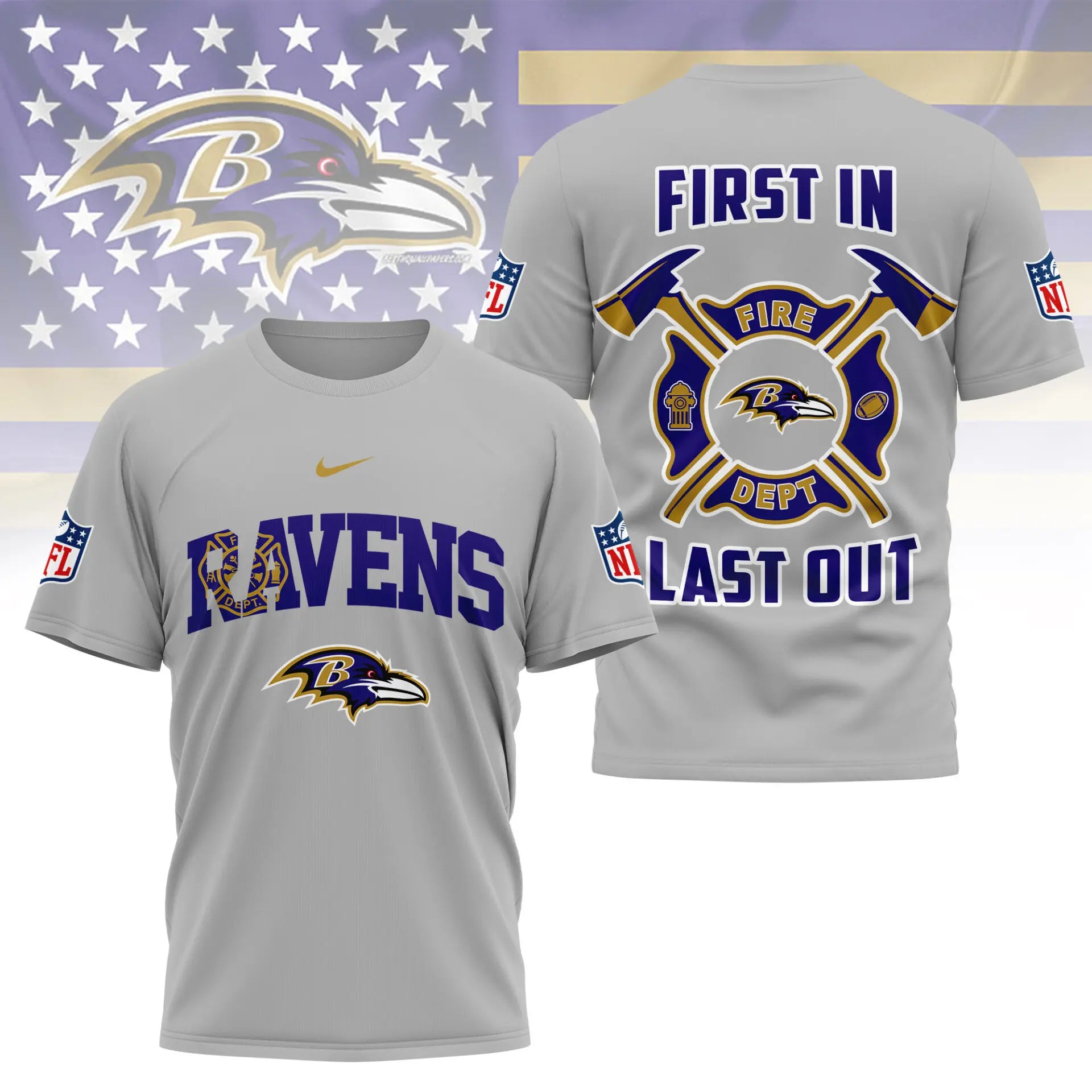 Baltimore Ravens | Premium NFL Fire Dept 3D Shirt TD – HuddleStyle.com - Image 3