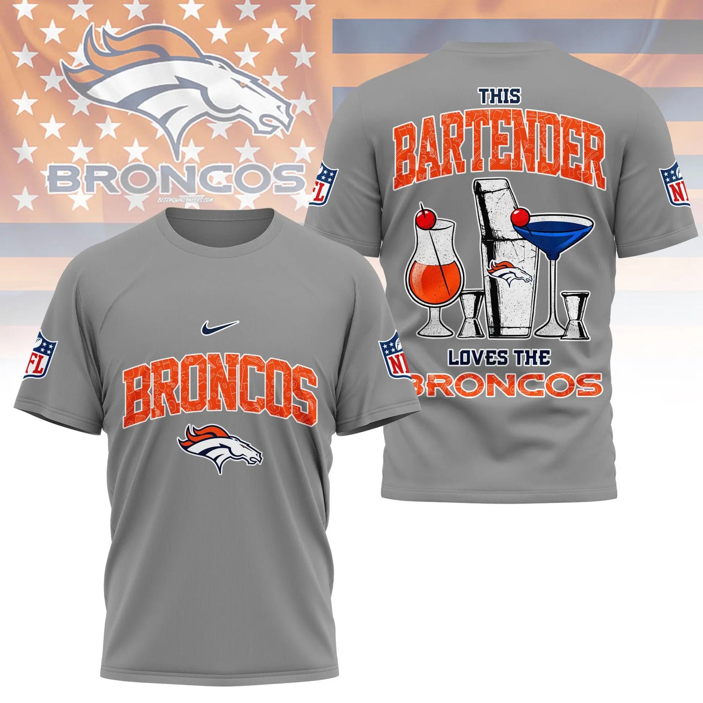 Denver Broncos | Premium NFL Bartender Fan 3D Shirt NY – HuddleStyle.com - Image 2