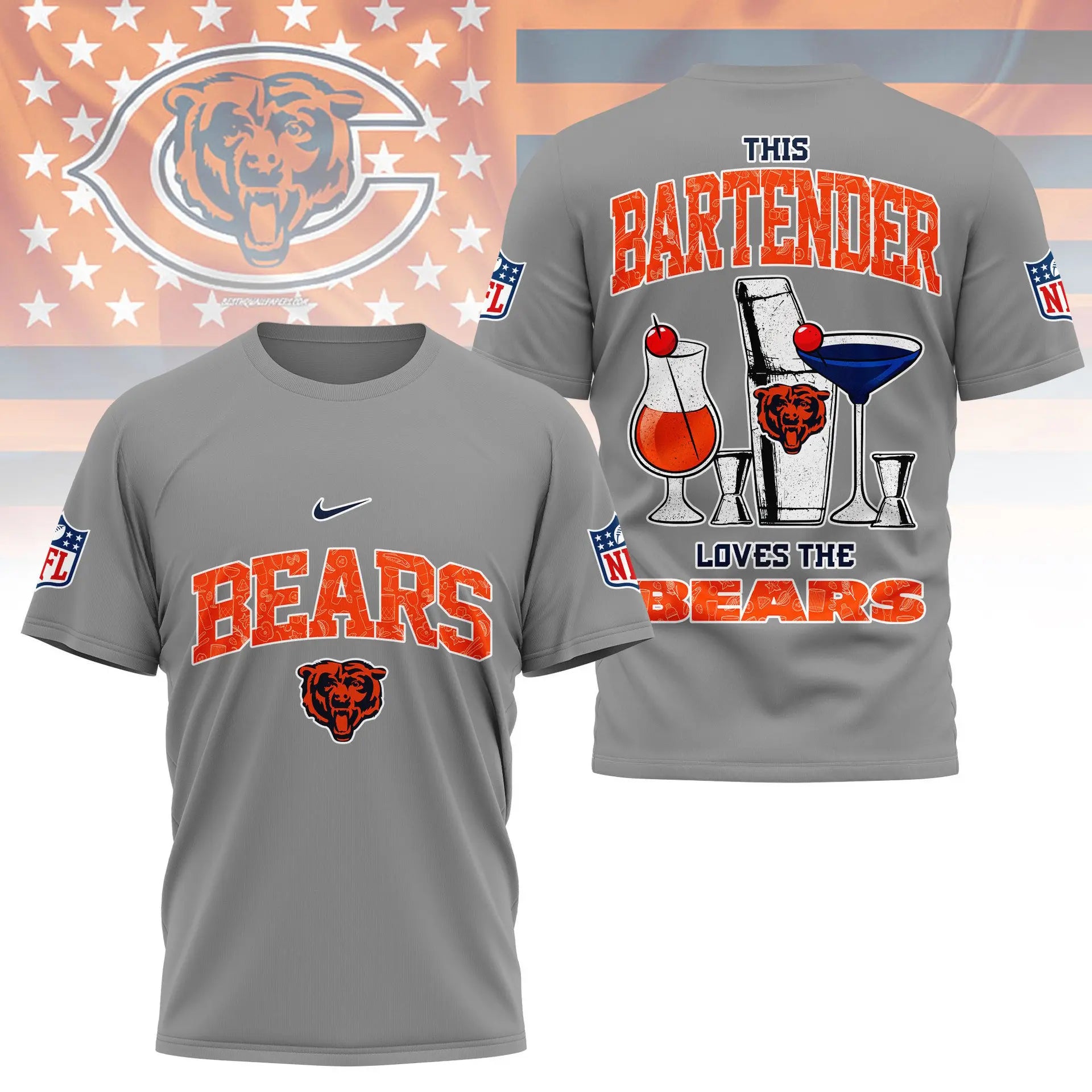 Chicago Bears | Premium NFL Bartender Fan 3D Shirt NY – HuddleStyle.com - Main