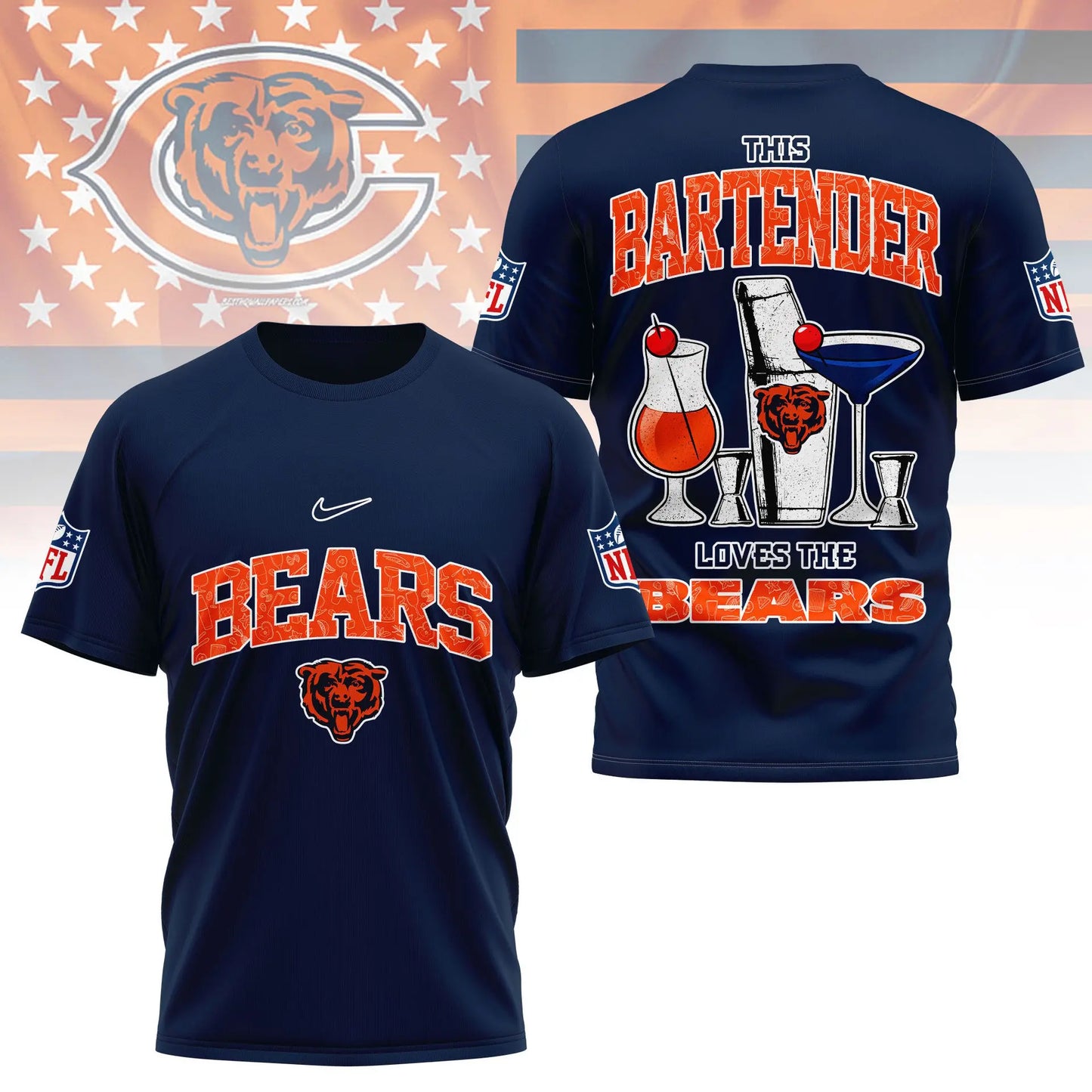 Chicago Bears | Premium NFL Bartender Fan 3D Shirt NY – HuddleStyle.com - Main