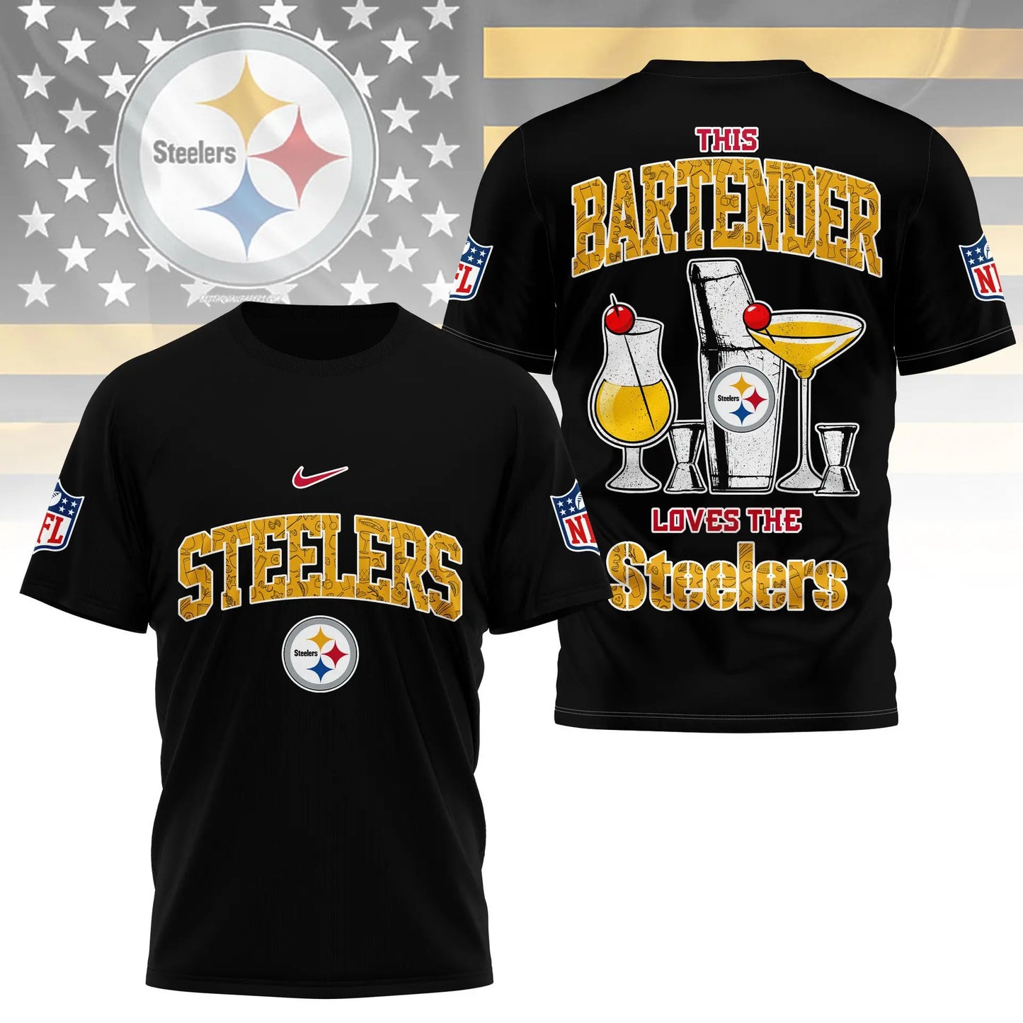 Pittsburgh Steelers | Premium NFL Bartender Fan 3D Shirt NY – HuddleStyle.com - Image 3