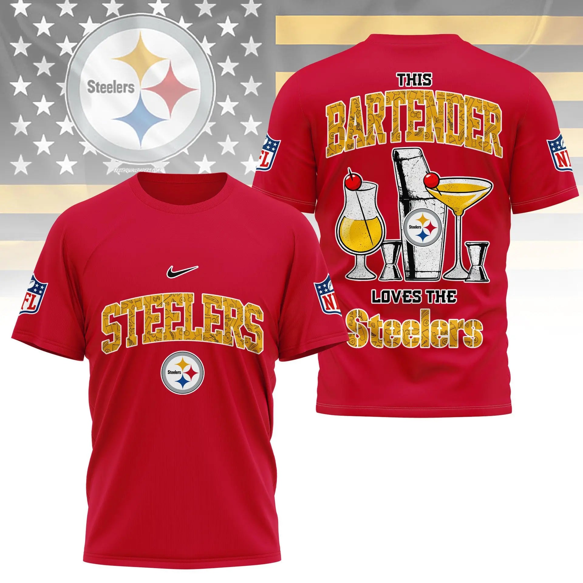 Pittsburgh Steelers | Premium NFL Bartender Fan 3D Shirt NY – HuddleStyle.com - Main