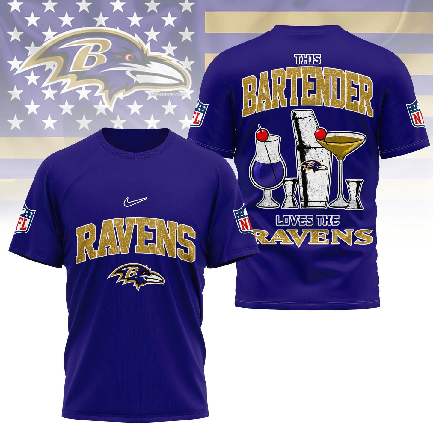 Baltimore Ravens | Premium NFL Bartender Fan 3D Shirt NY – HuddleStyle.com - Main