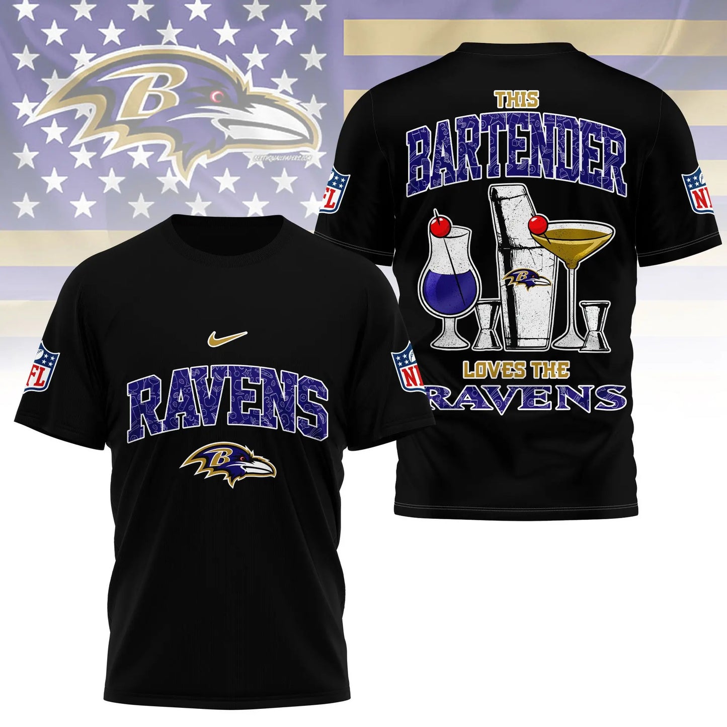 Baltimore Ravens | Premium NFL Bartender Fan 3D Shirt NY – HuddleStyle.com - Image 3
