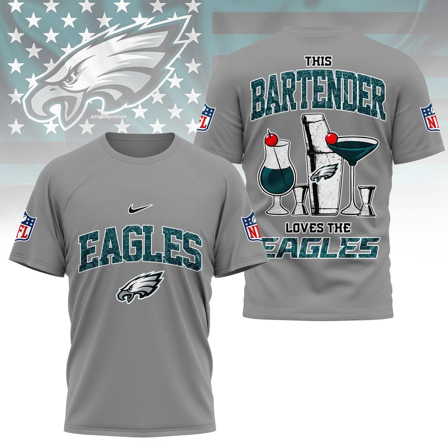 Philadelphia Eagles | Premium NFL Bartender Fan 3D Shirt NY – HuddleStyle.com - Main