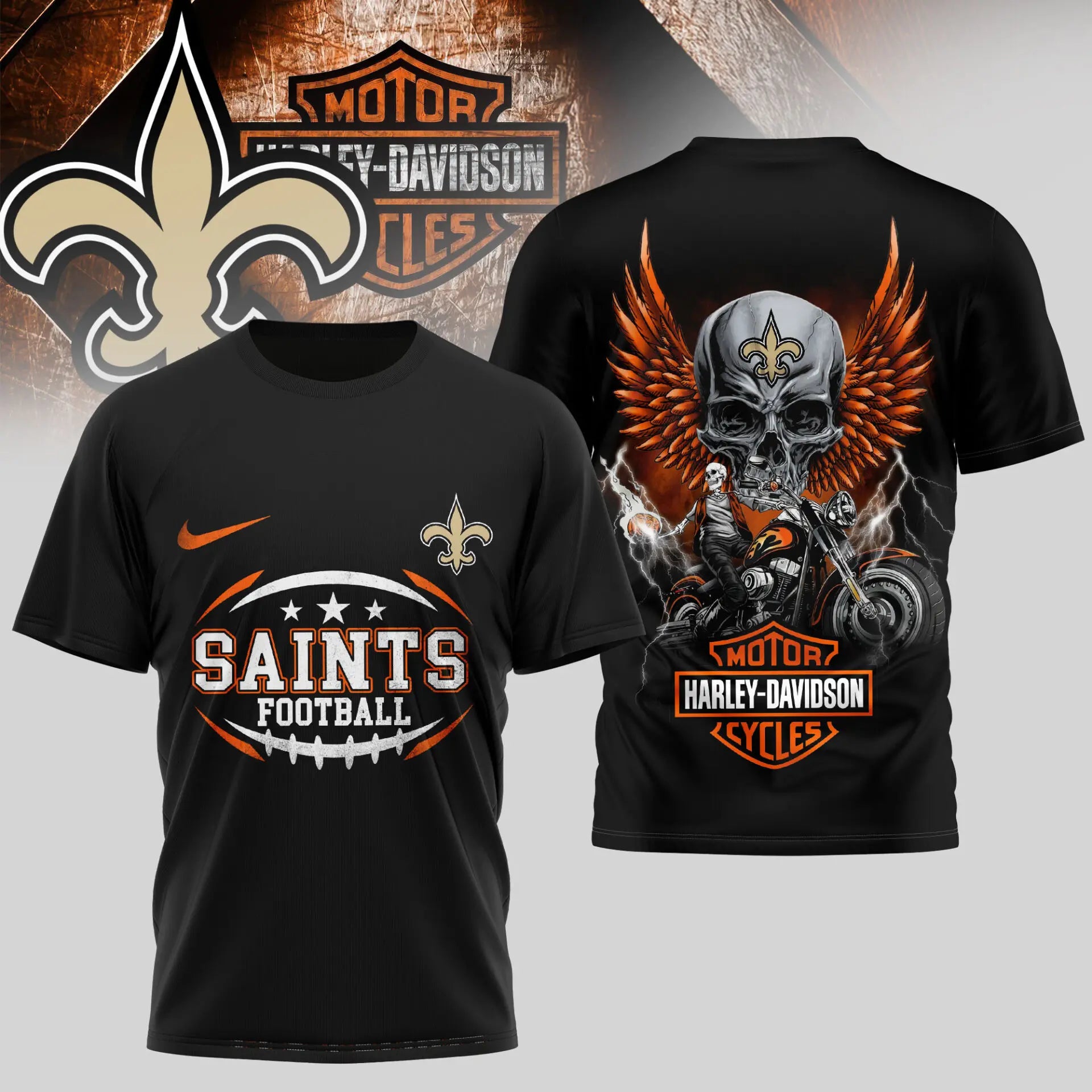 New Orleans Saints | Premium NFL Harley Davidson 3D Shirt TD – HuddleStyle.com - Image 2