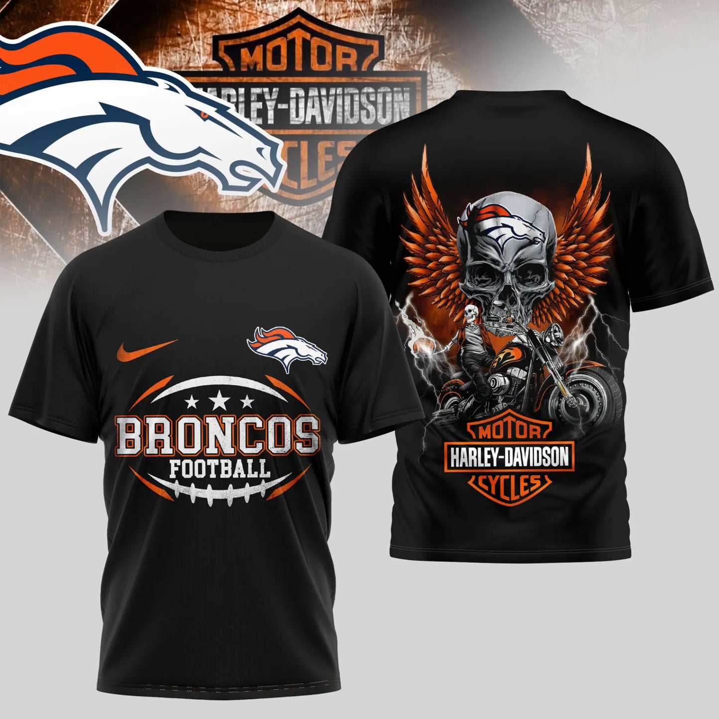 Denver Broncos | Premium NFL Harley Davidson 3D Shirt TD – HuddleStyle.com - Main