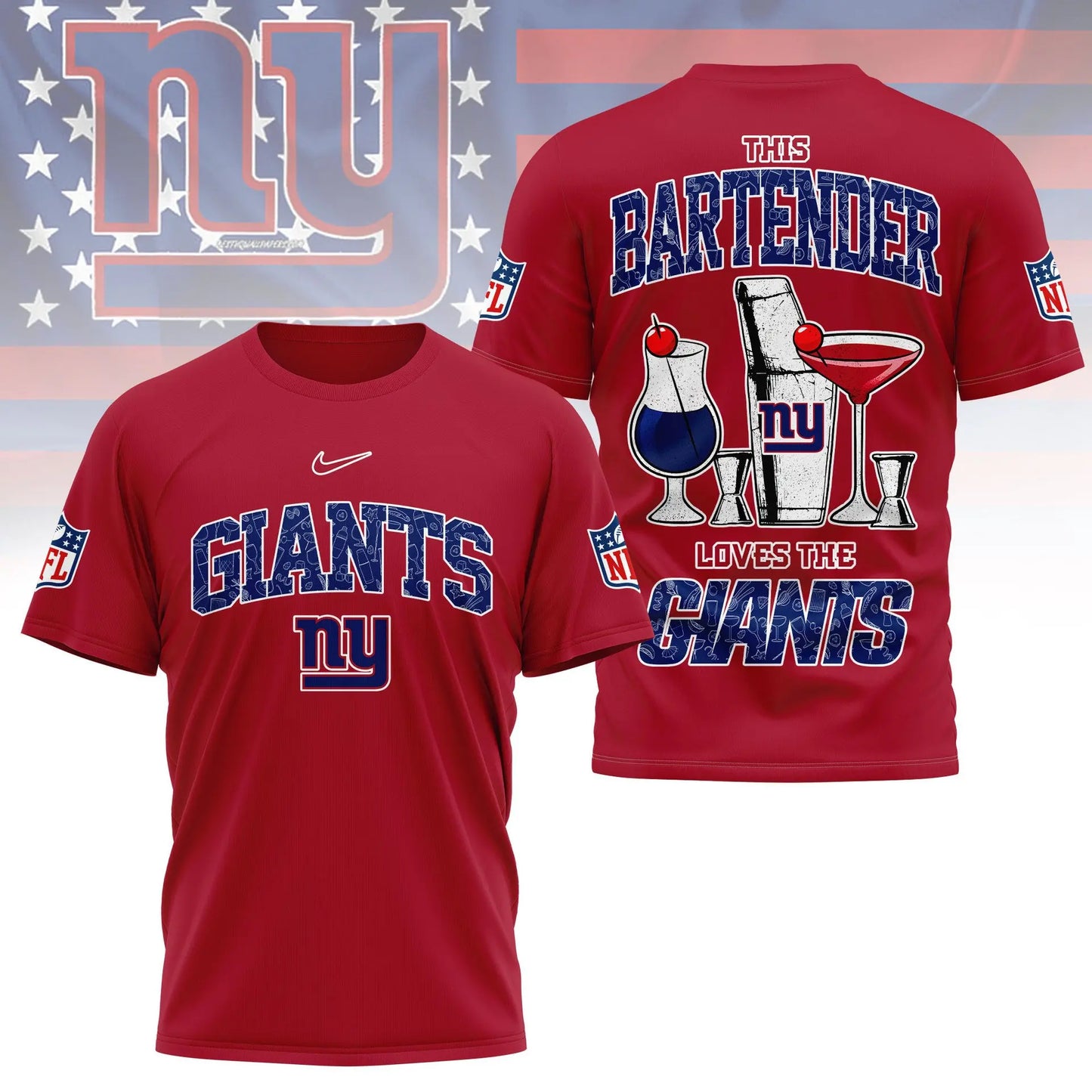 New York Giants | Premium NFL Bartender Fan 3D Shirt NY – HuddleStyle.com - Image 3