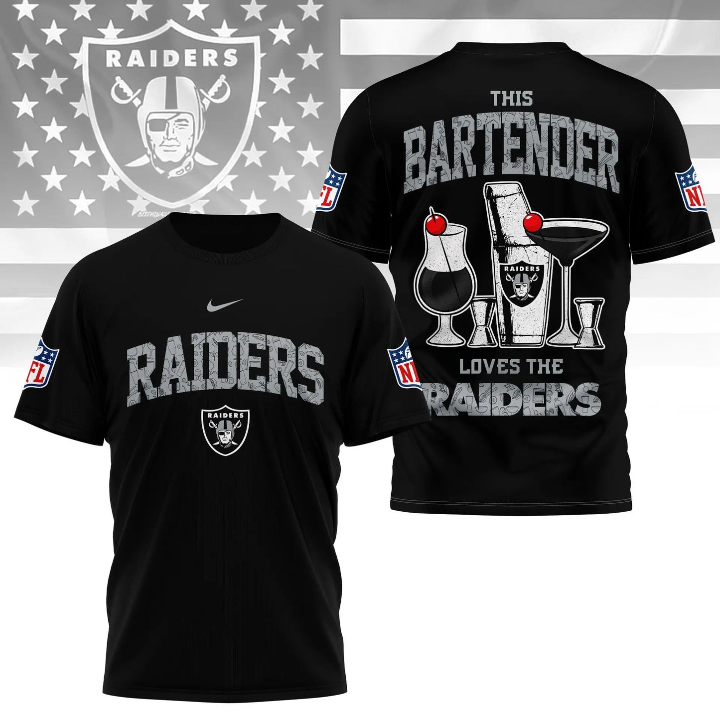 Las Vegas Raiders | Premium NFL Bartender Fan 3D Shirt NY – HuddleStyle.com - Main