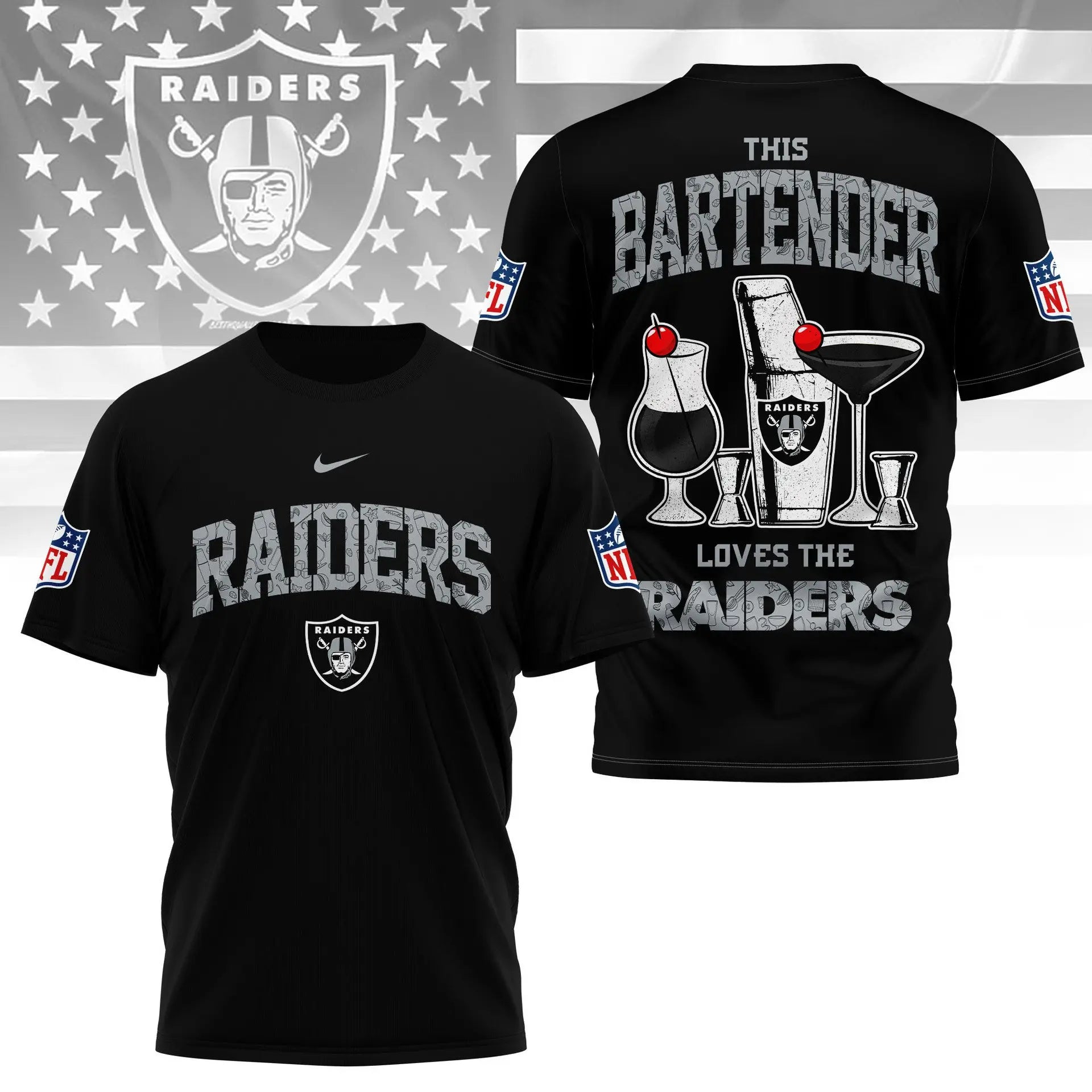 Las Vegas Raiders | Premium NFL Bartender Fan 3D Shirt NY – HuddleStyle.com - Main