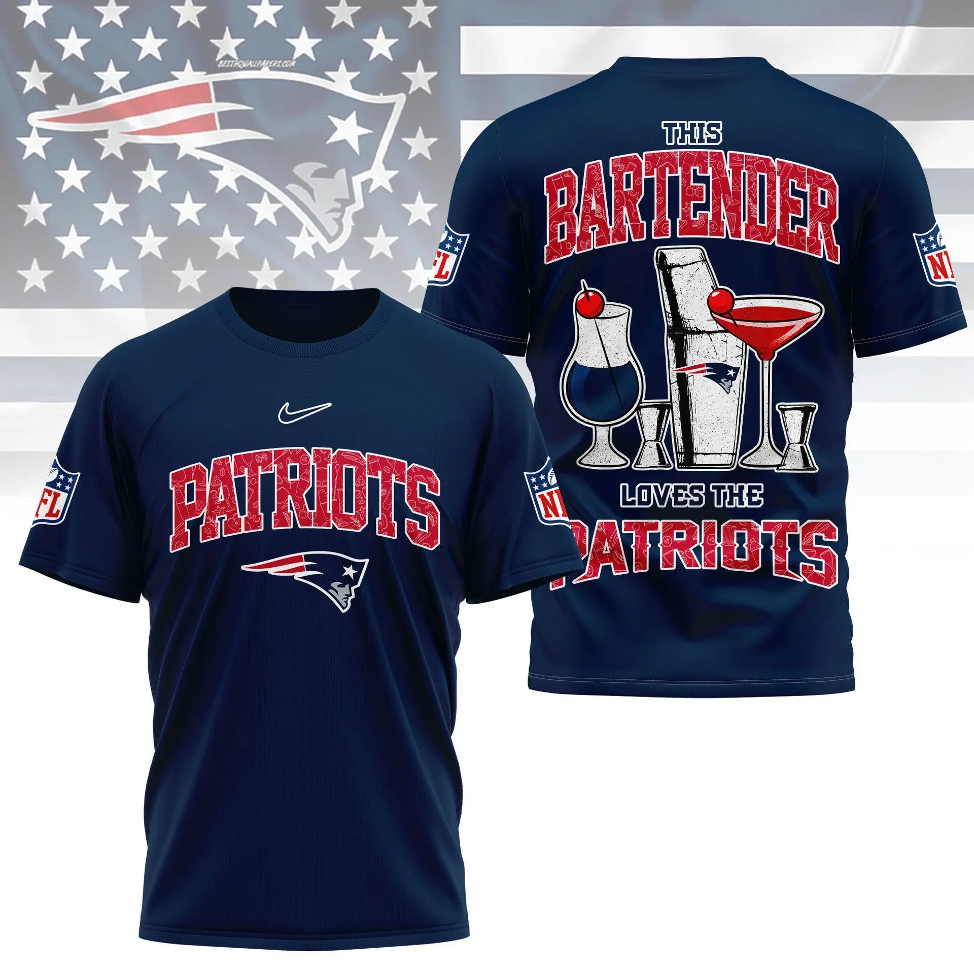 New England Patriots  | Premium NFL Bartender Fan 3D Shirt NY – HuddleStyle.com - Image 3