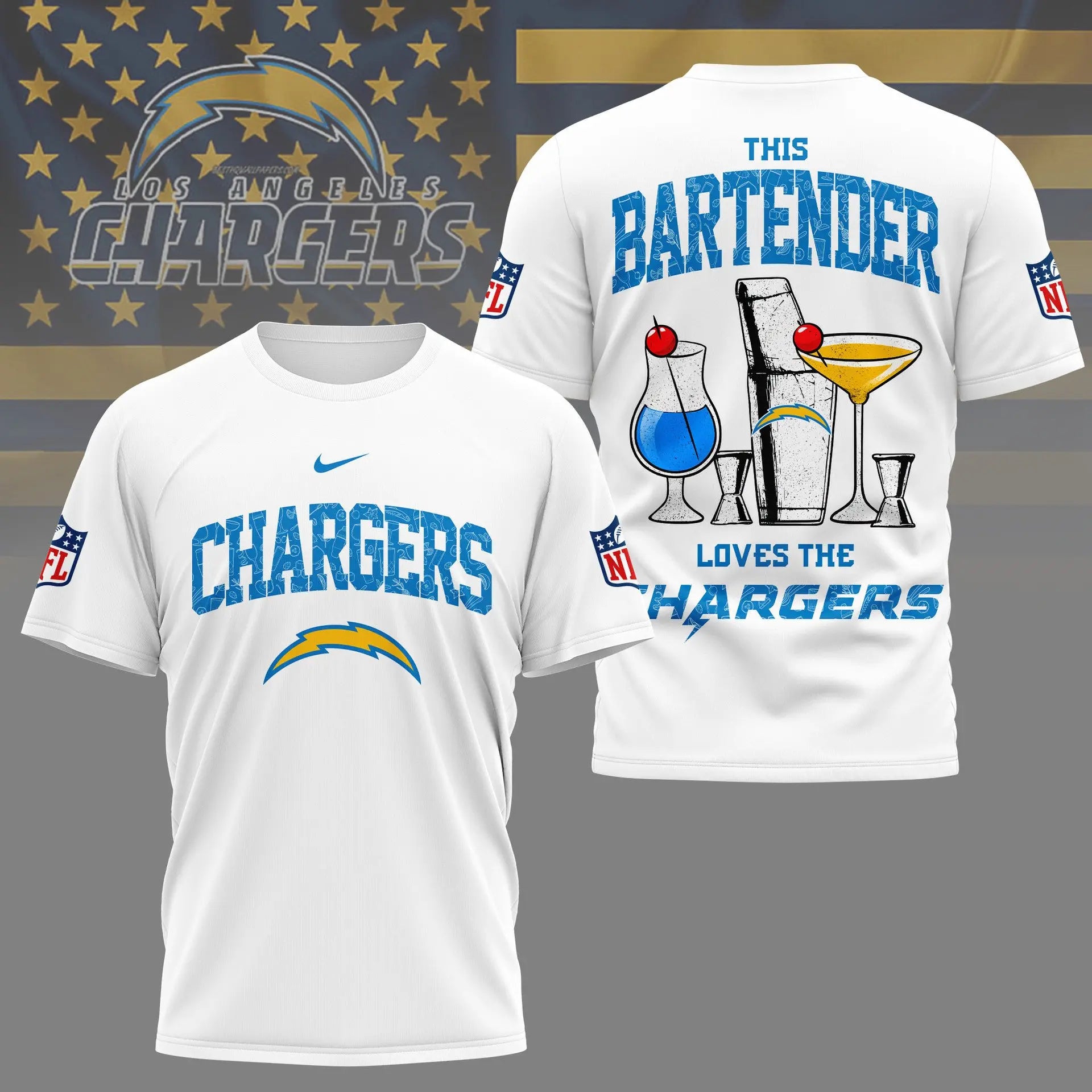 Los Angeles Chargers | Premium NFL Bartender Fan 3D Shirt NY – HuddleStyle.com - Image 2