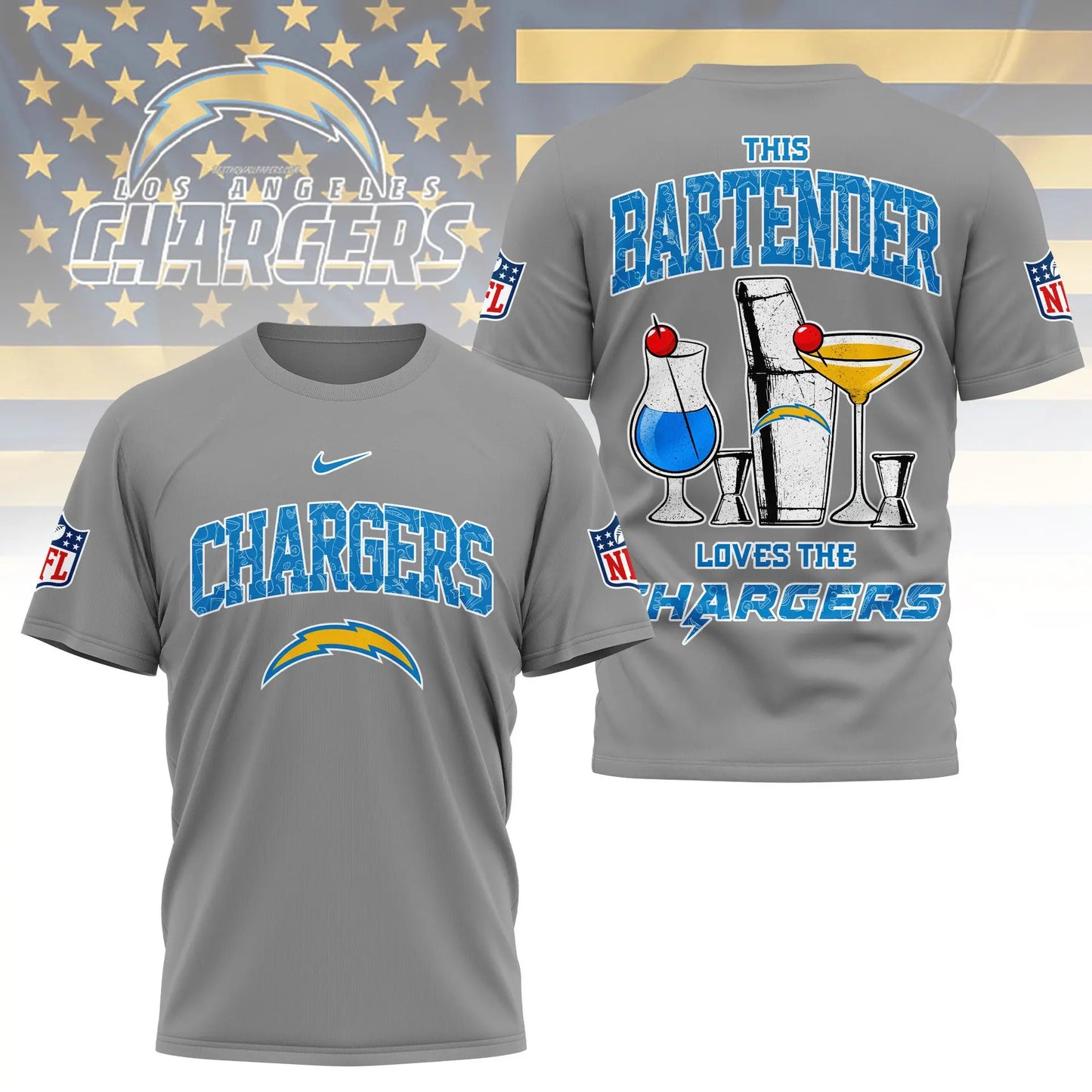 Los Angeles Chargers | Premium NFL Bartender Fan 3D Shirt NY – HuddleStyle.com - Main