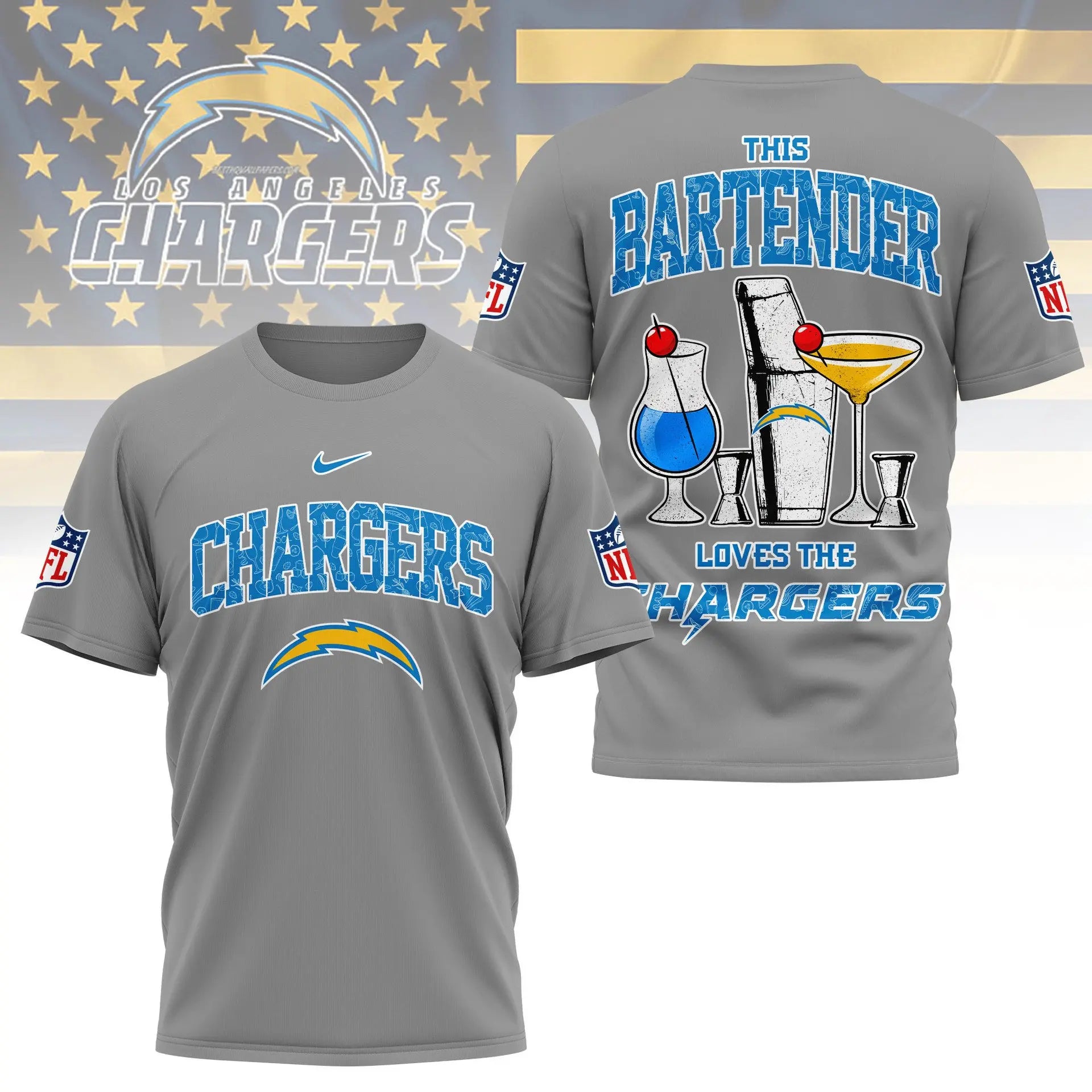 Los Angeles Chargers | Premium NFL Bartender Fan 3D Shirt NY – HuddleStyle.com - Main