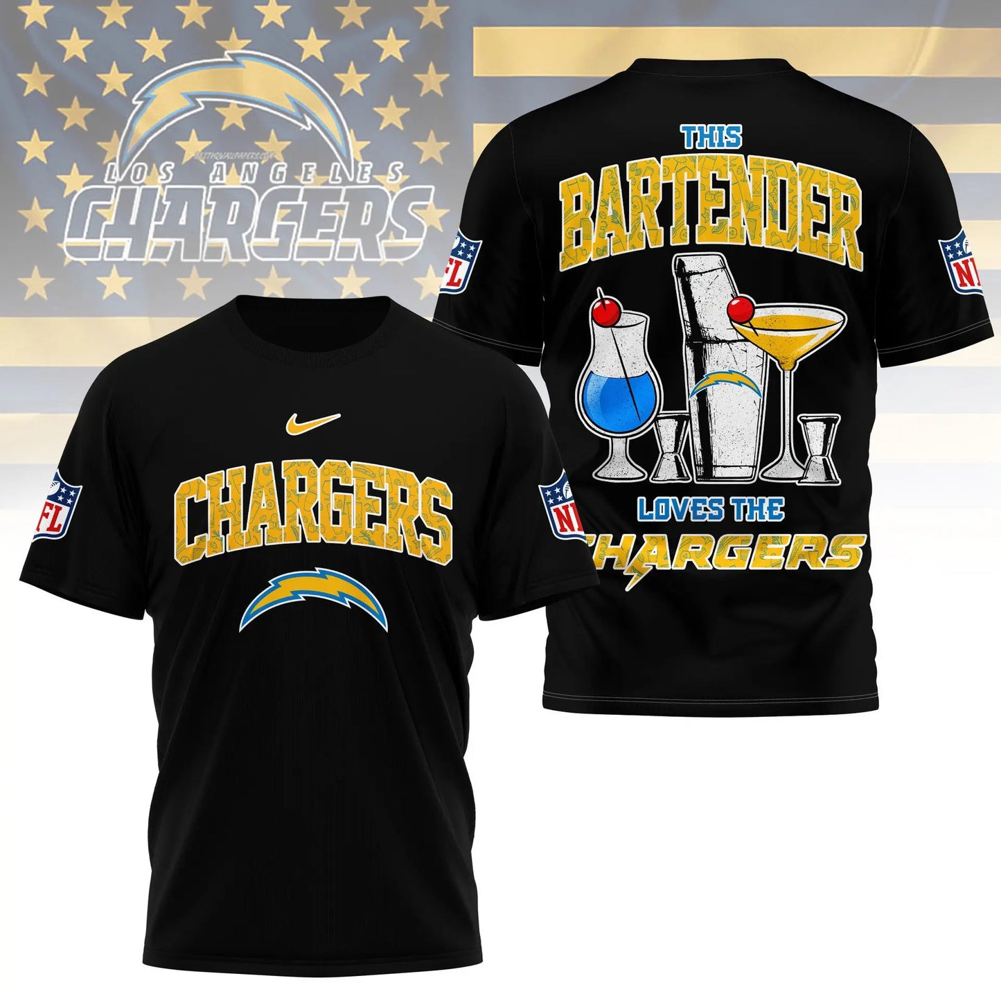 Los Angeles Chargers | Premium NFL Bartender Fan 3D Shirt NY – HuddleStyle.com - Image 3