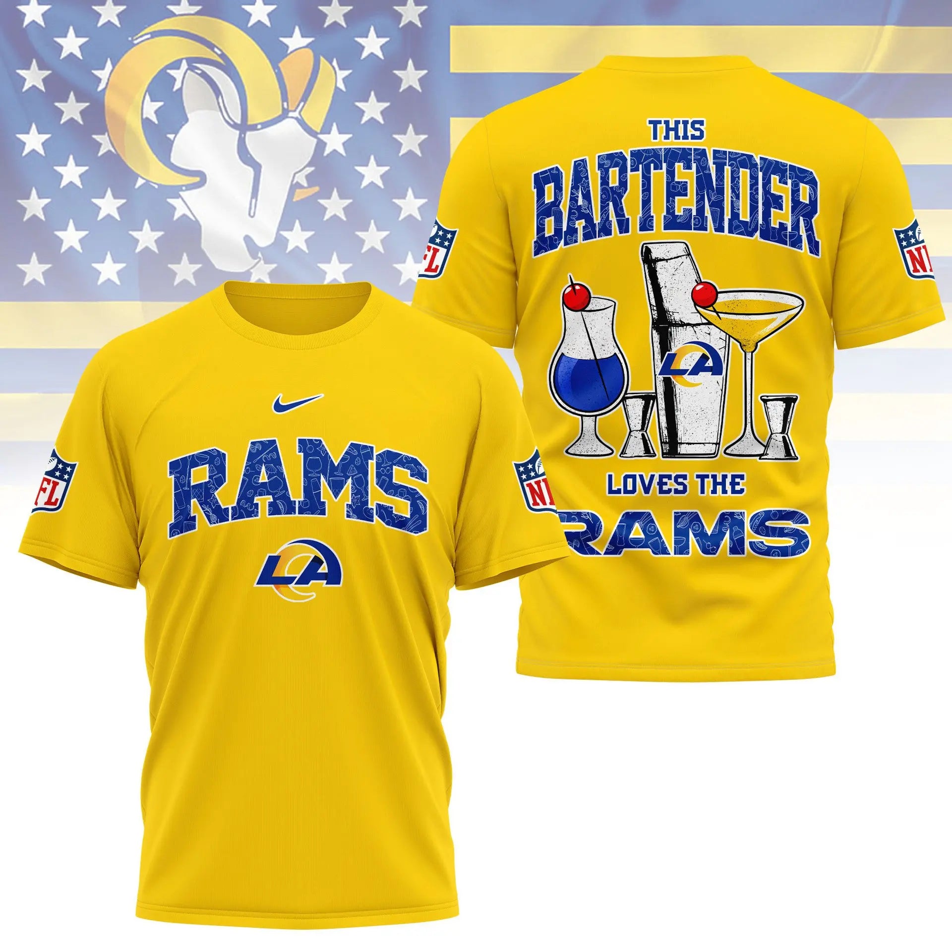 Los Angeles Rams | Premium NFL Bartender Fan 3D Shirt NY – HuddleStyle.com - Main