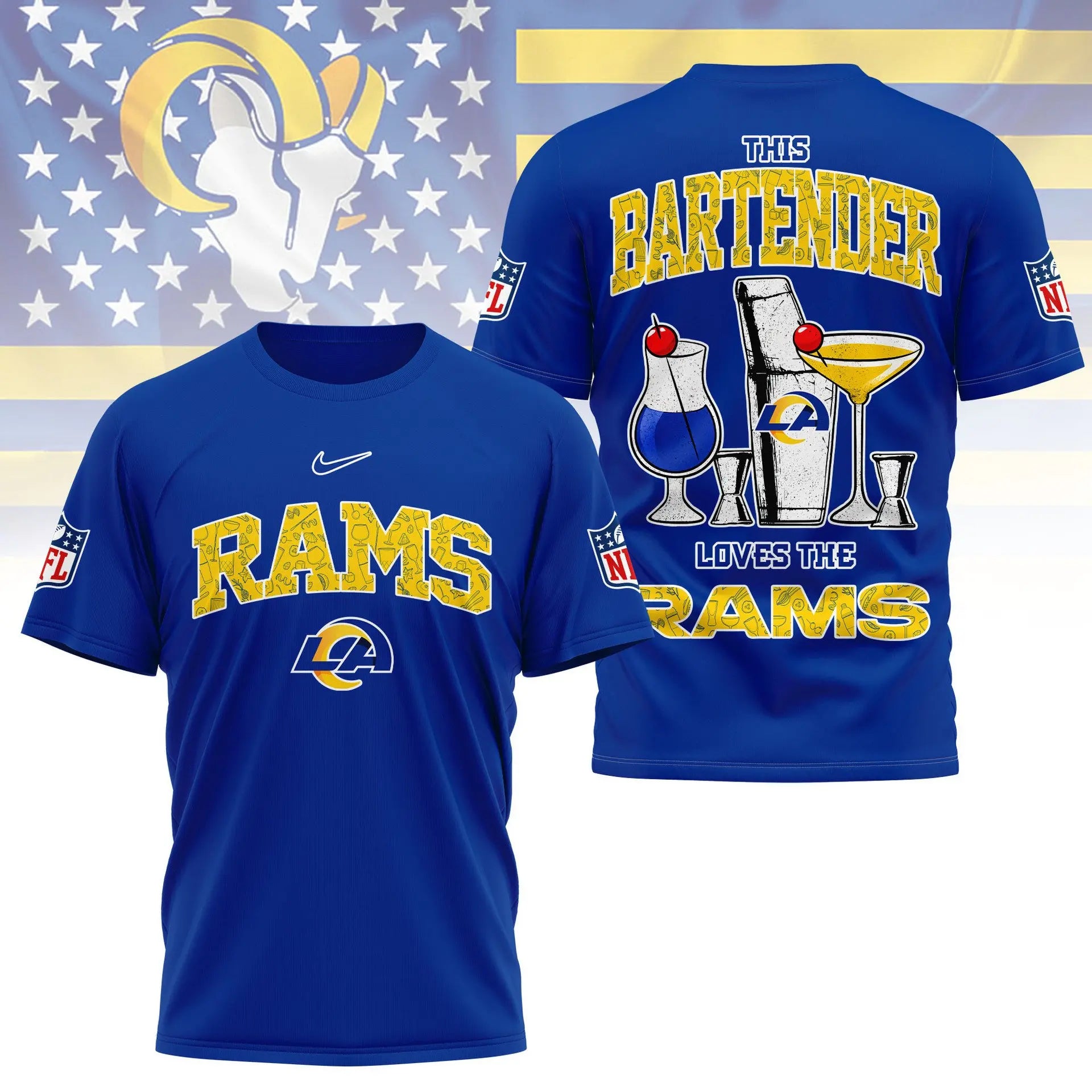 Los Angeles Rams | Premium NFL Bartender Fan 3D Shirt NY – HuddleStyle.com - Main