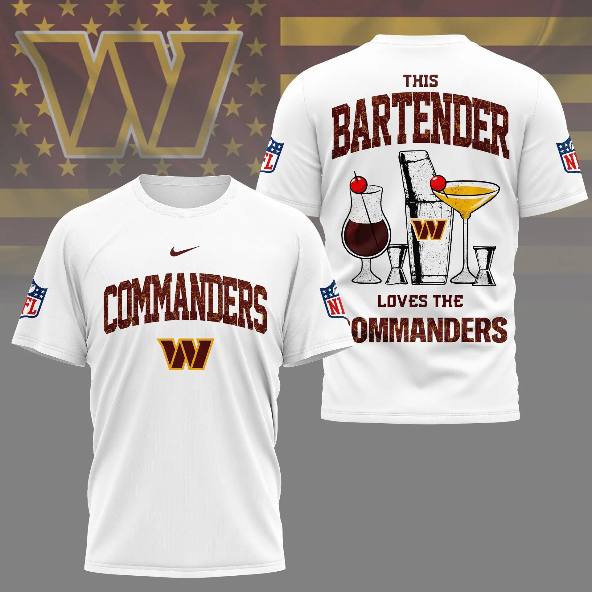 Washington Commanders | Premium NFL Bartender Fan 3D Shirt NY – HuddleStyle.com - Main