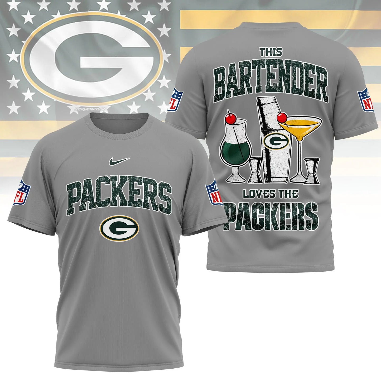 Green Bay Packers | Premium NFL Bartender Fan 3D Shirt NY – HuddleStyle.com - Image 4