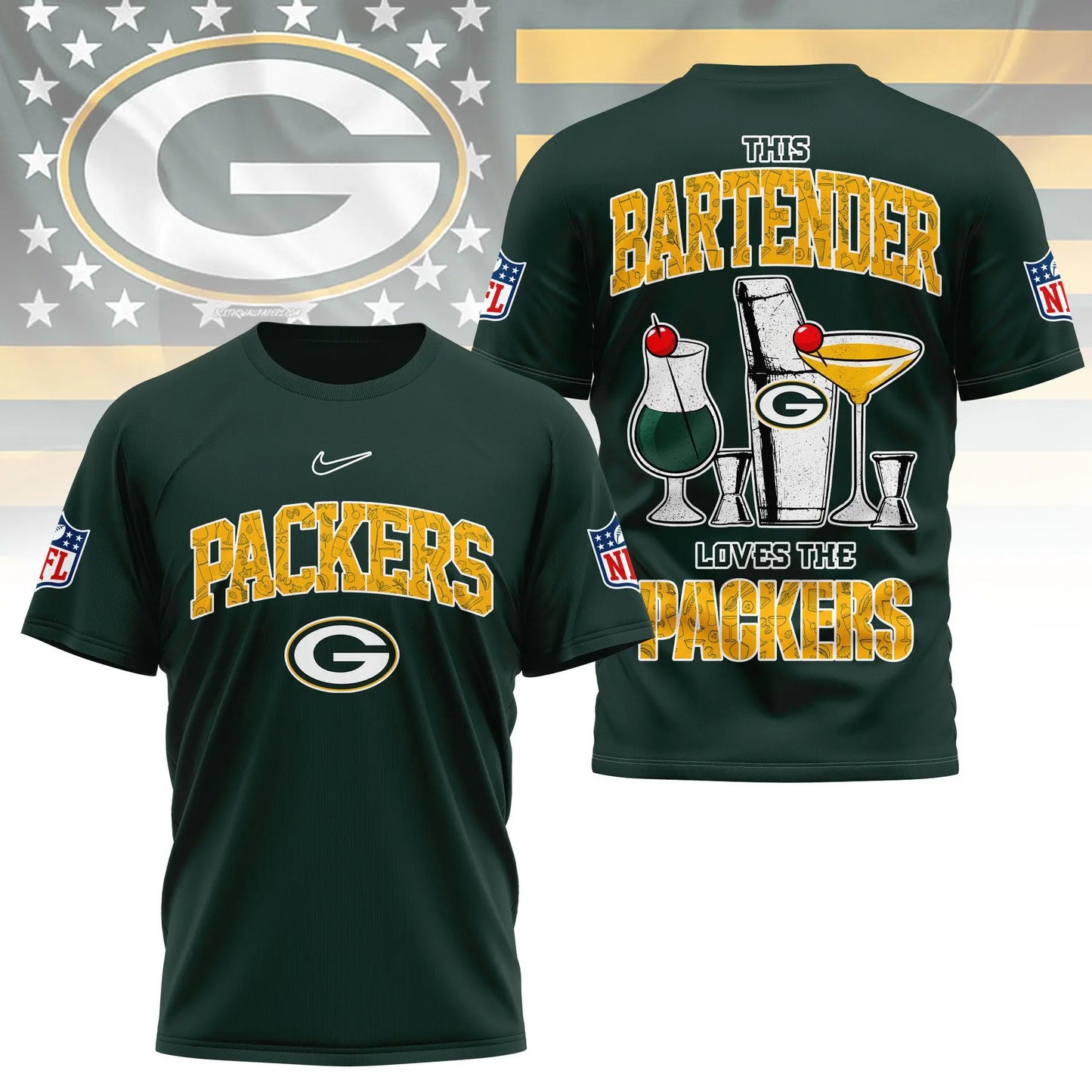 Green Bay Packers | Premium NFL Bartender Fan 3D Shirt NY – HuddleStyle.com - Image 3